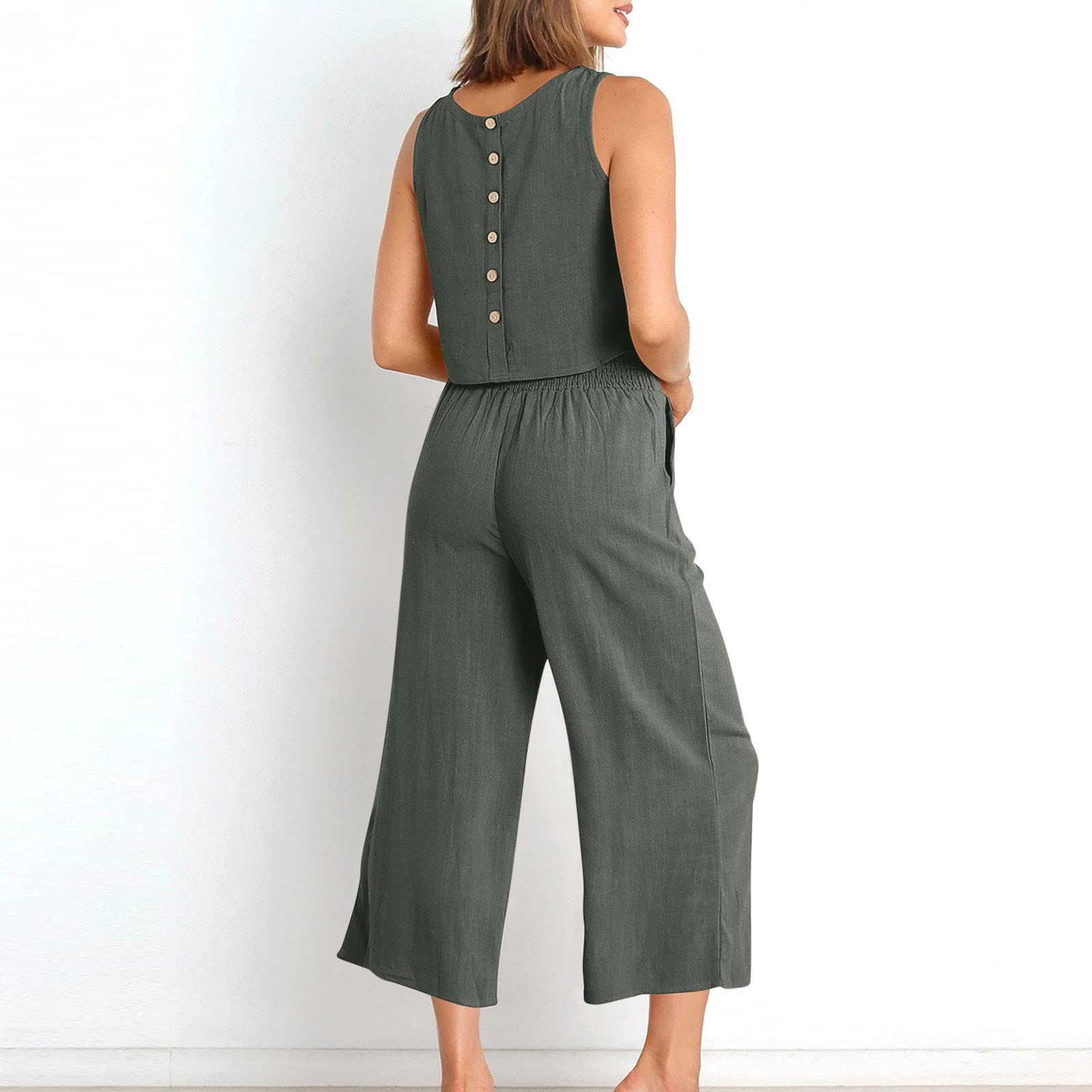 AMhomely Women's 2-Piece Outfit - Sleeveless Cotton Linen Wide Leg Pants Set with Vest Top & Back Buttons | Elegant Ladies' Pants Suit with Pockets | Perfect for Office Wear, Summer Outfits & Casual Occasions