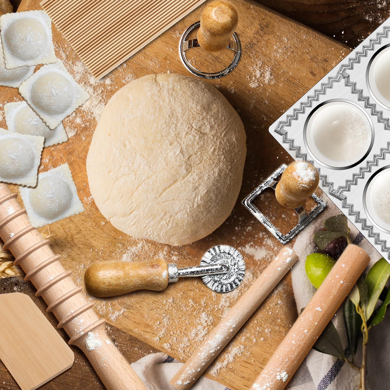 12-Piece Ravioli Mold Set with Press, Scraper, Cutter & Pierogi Maker - Includes Rolling Pin, Gnocchi Board, Wooden Roller & 4 Stamp Cutters for Homemade Pasta, Dumplings - Perfect for Italian Cooking, Family Meal Prep & Holiday Gatherings