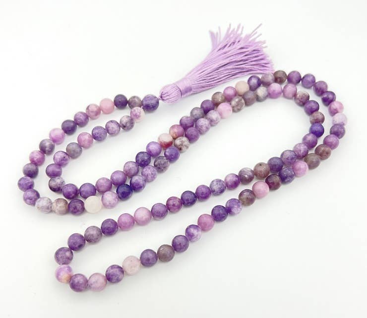 Lepidolite Zen 108 Bead Mala Prayer Necklace - 8mm Gemstone Meditation Beads for Stress Relief & Spiritual Healing | Perfect for Yoga, Mindfulness & Chakra Balancing