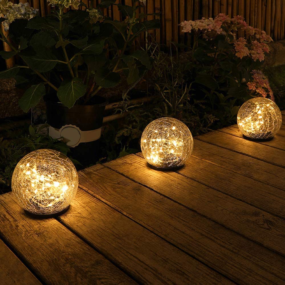 2 Pack Solar Crack Glass Ball Ground Lights - Warm White LED Garden & Lawn Spotlights - Waterproof Outdoor Landscape Lighting for Christmas, Wedding, Pathway, Patio, Yard Decor (Big + Small Size)