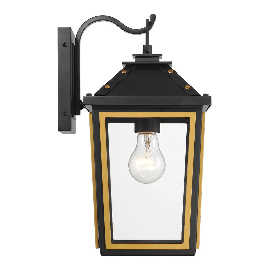 Hawkins Stainless Steel & Glass Outdoor Wall Sconce Light - 7.25x14 Inch Matte Black with Gold Finish - E26 LED Bulb Socket 120V - Weatherproof for Patio, Garden, Porch, Exterior Walls & Entryway Lighting