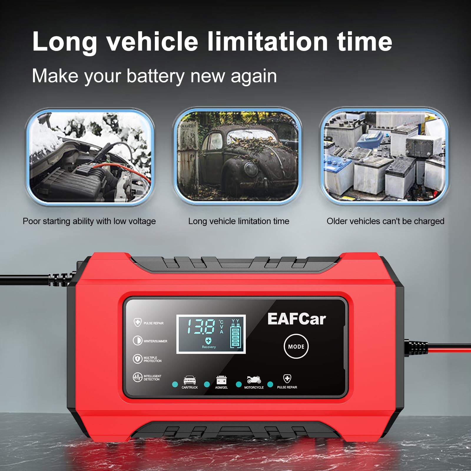 12V 6A Smart Automatic Car Battery Charger & Maintainer with Temperature Compensation - Lead Acid Battery Trickle Charger for Cars, Trucks, SUVs, Motorcycles & Marine Vehicles - Ideal for Winter Storage & Long-Term Maintenance