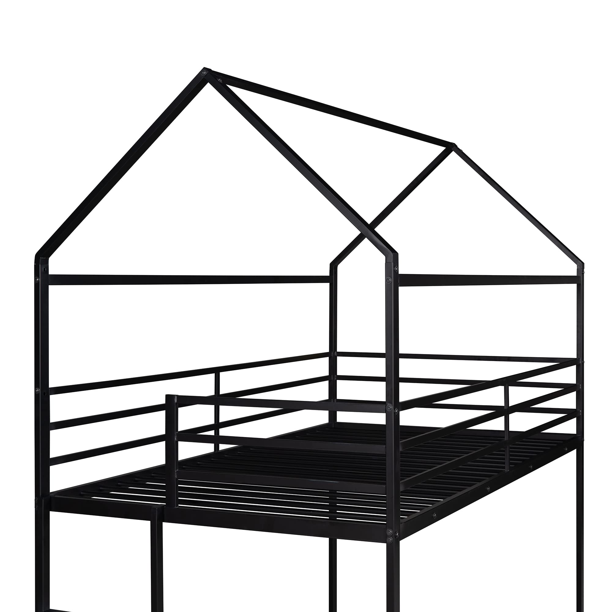 Sturdy Metal Twin Over Twin Bunk Beds for Kids with Roof - Heavy Duty Floor Bunk Bed for Boys & Girls - No Box Spring Needed - Black - Perfect for Small Bedrooms, Shared Kids Rooms & Sleepovers