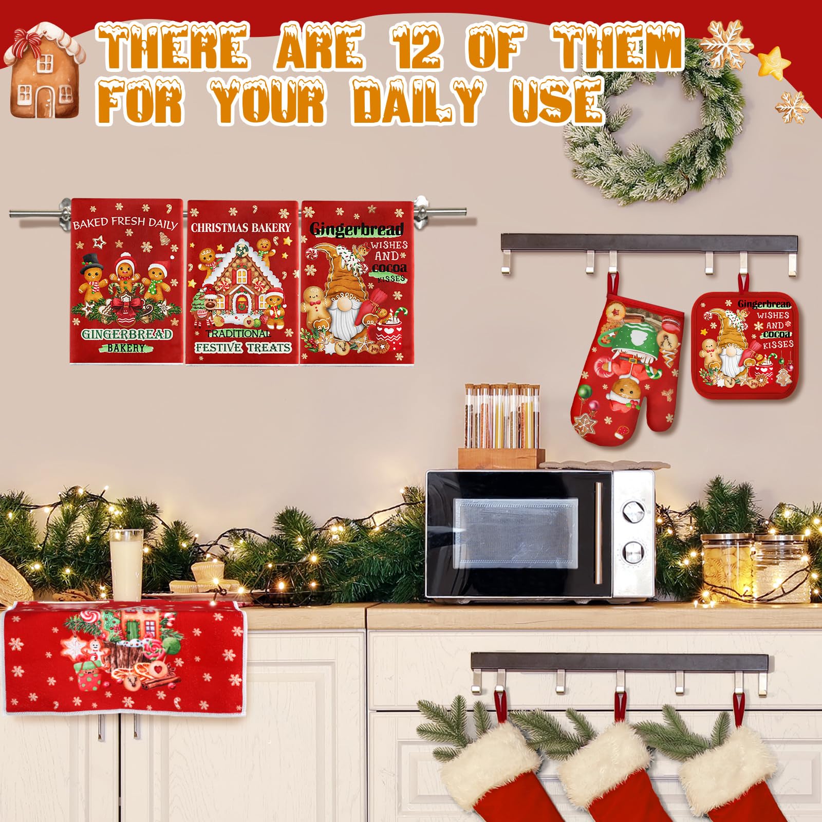 12-Piece Christmas Kitchen Set - 4 Gingerbread Man Dish Towels, 4 Gingerbread House Oven Mitts & 4 Candy Pot Holders for Holiday Cooking, Baking & Festive Home Decor | Perfect for Christmas Dinner, Cookie Baking & Kitchen Gifts