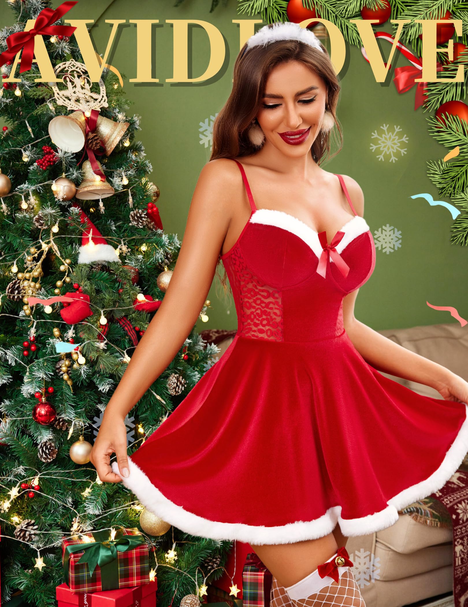 Avidlove Sexy Christmas Lingerie for Women - Santa Babydoll Chemise with Lace & Velvet Holiday Outfit | Perfect for Christmas Parties, Romantic Nights & Festive Boudoir Photography