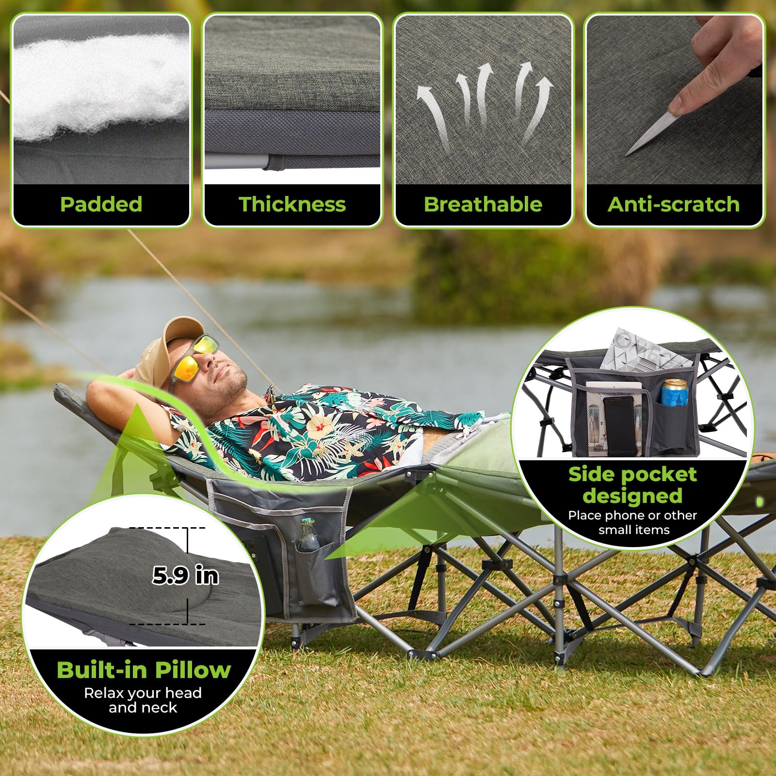 FUNDANGO Heavy Duty Camping Cot for Adults - Portable Folding Camp Bed with Padded Mattress & Carry Bag - Perfect for Outdoor Travel, Hiking, Backpacking & Emergency Preparedness - Gray