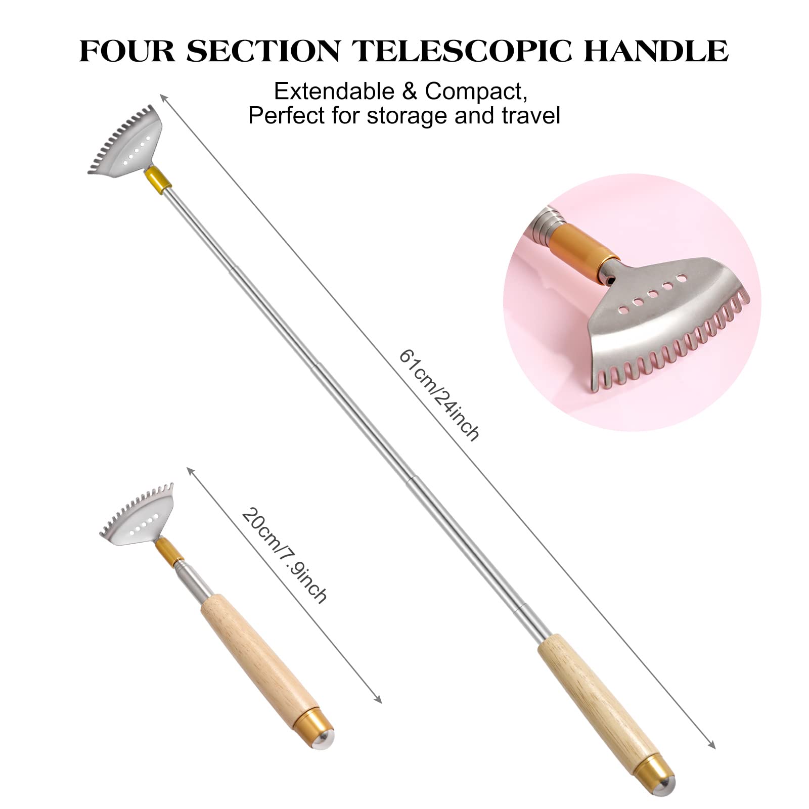 Best Telescoping Back Scratcher for Women & Men - Extendable Wood Handle with Steel Massage Roller & Wide Claw - Adjustable Up to 24 Inches - Perfect for Home, Office, Travel & Gift Giving
