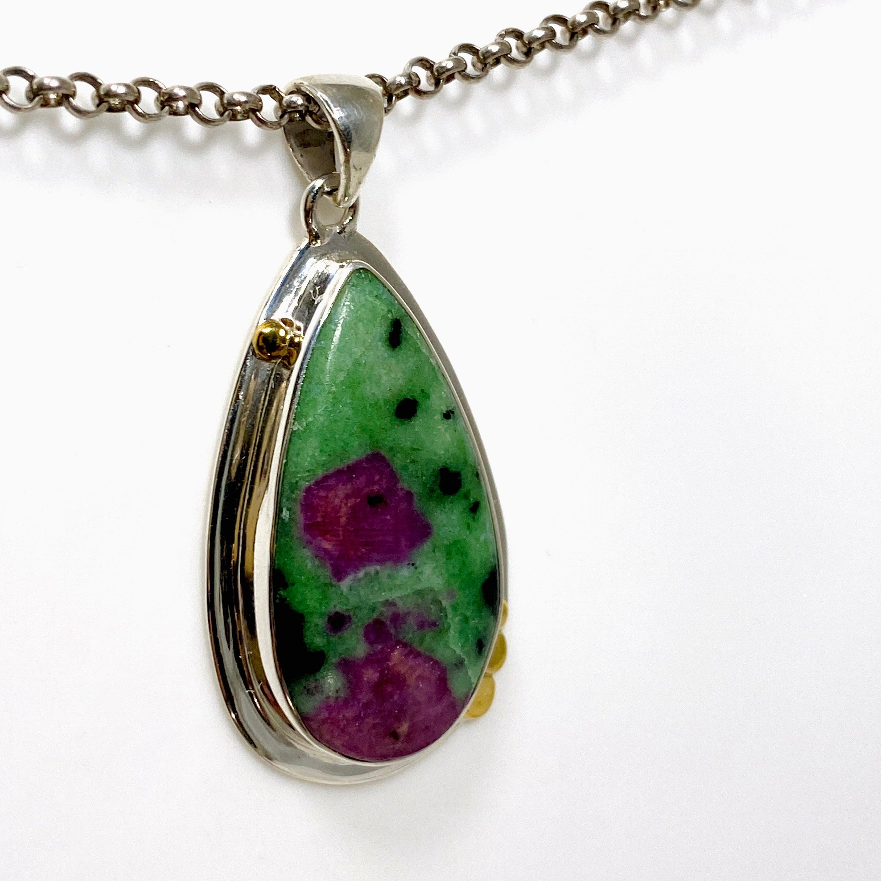 Natural Ruby in Zoisite Teardrop Pendant Necklace - Handcrafted Sterling Silver Jewelry KPGJ4494 | Perfect for Spiritual Healing, Meditation & Elegant Occasions