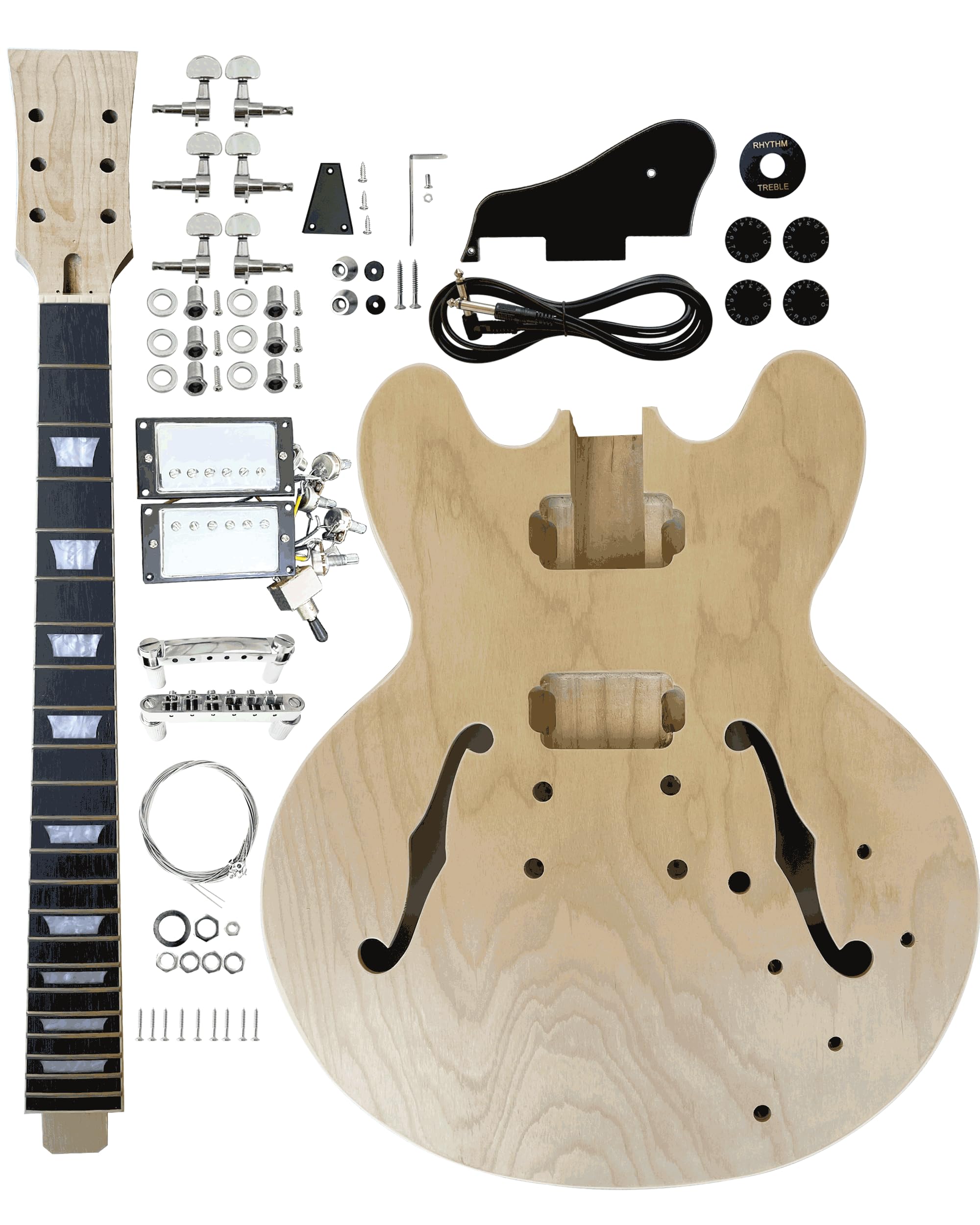 **Electric Guitar Kit - 3-Ply Maple Wood Hollow Body Blank, Maple Neck & Rosewood Fretboard - Unfinished DIY Guitar with Full Hardware Set - Perfect for Custom Builds, Home Studios & Beginners**