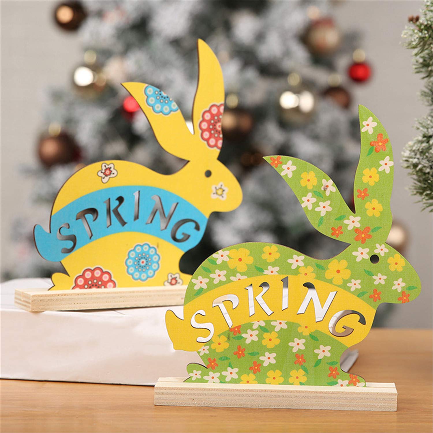 2 Pack Easter Spring Tabletop Wooden Decor Signs - Happy Bunny Holiday Decorations for Spring Party, Dinner & Coffee Table - Perfect for Easter Celebrations, Home Decor & Seasonal Centerpieces