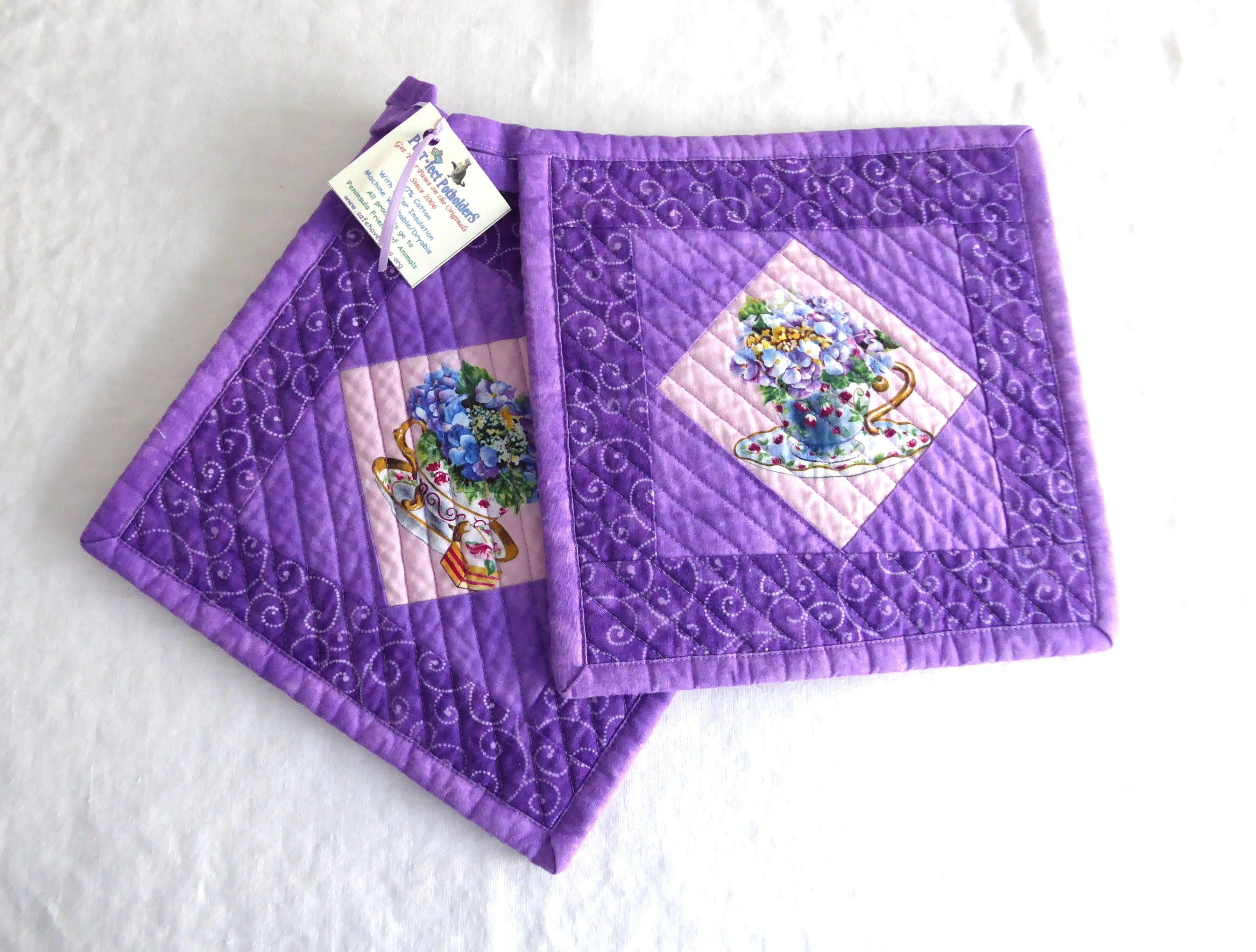 Handmade Purple Teacup Themed Potholders with Padded Flowers - Heat Resistant Kitchen Accessories for Baking & Tea Time - Supports Animal Charity