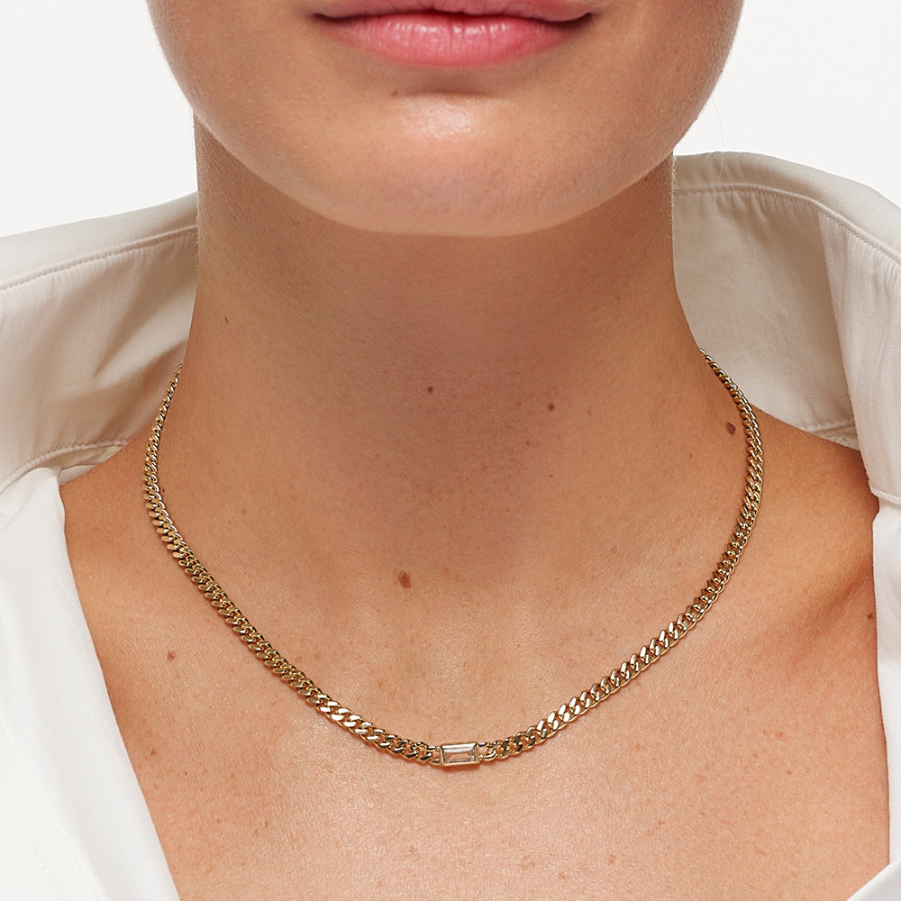 White Topaz Gold Curb Chain Necklace for Women - Elegant Layering Jewelry for Daily Wear & Special Occasions