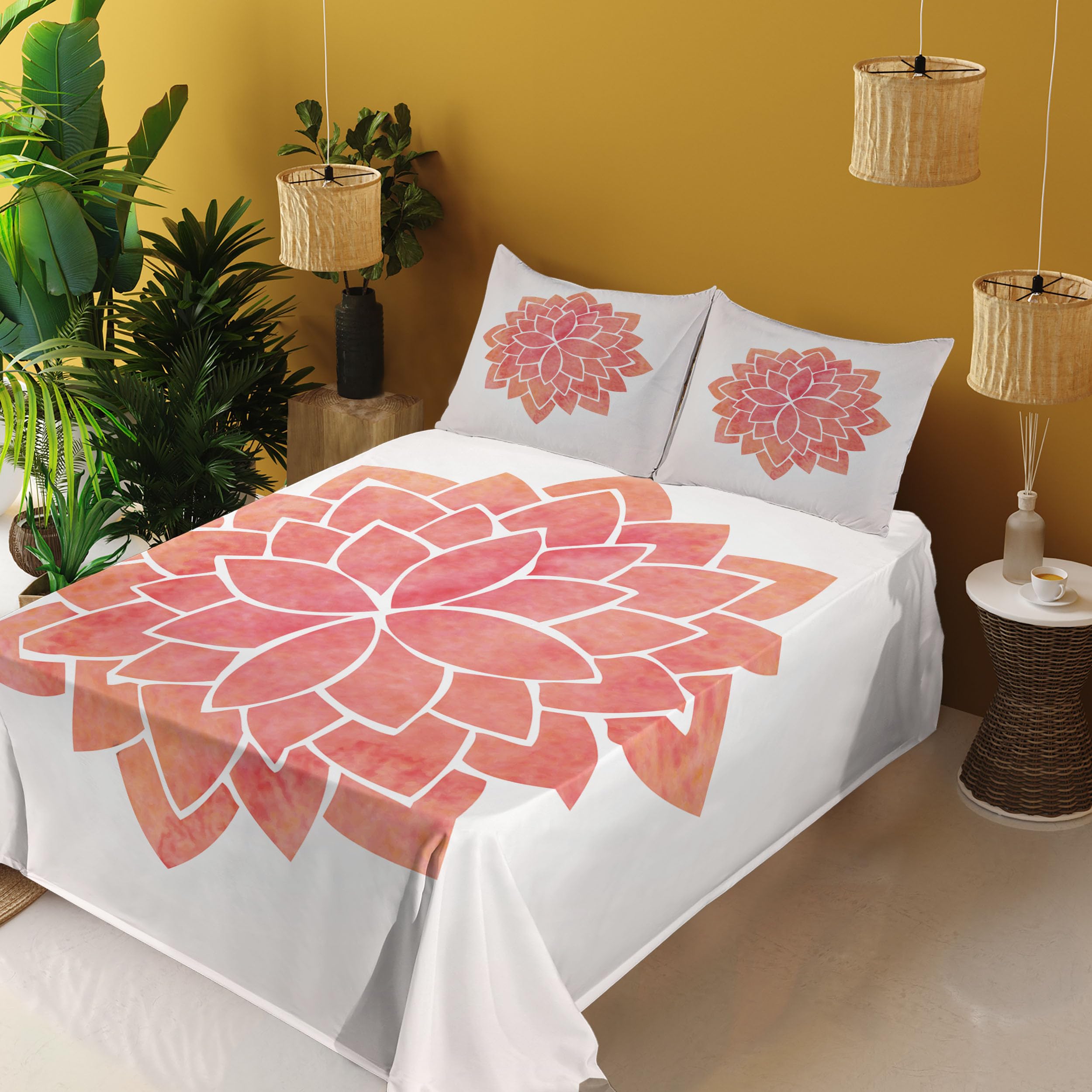 Ambesonne Floral Bed Sheet Set - 4 Piece King Size with Fitted Sheet, Flat Sheet & Pillowcases | Lotus Flower Japanese East Blossom Art Design in Coral White & Salmon | Perfect for Master Bedroom, Guest Room & Bohemian Home Decor