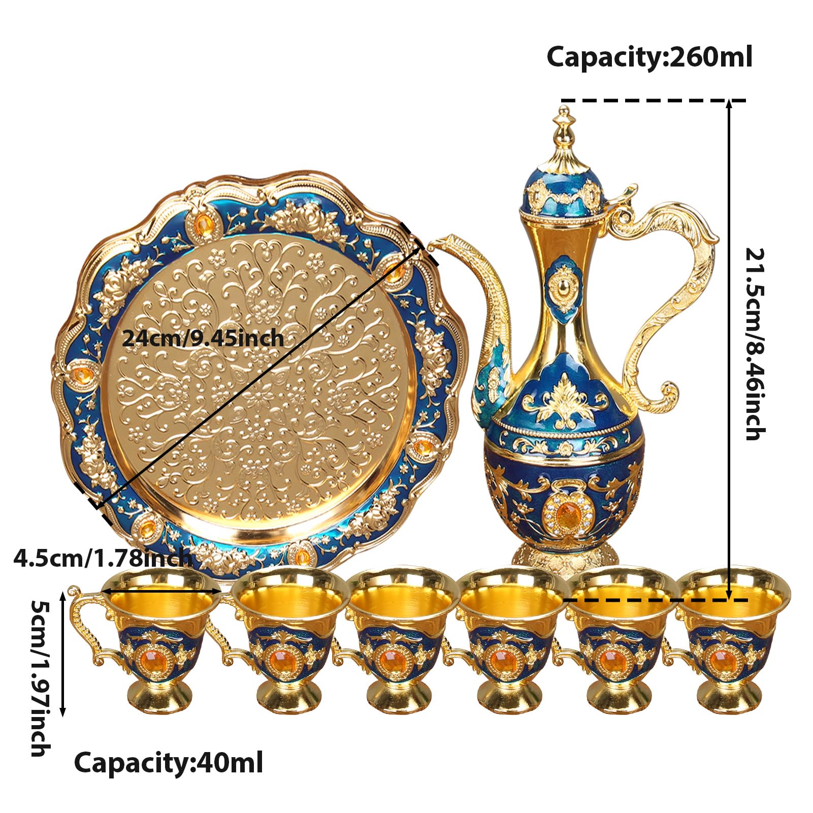 Vintage Turkish Tea Set with Gold Coffee Pot & 6 Cups - Elegant Metal Tea Set with Tray for Home, Bar, Tea Party, Wedding Gift - Perfect for Turkish Coffee Ceremonies & Afternoon Tea Gatherings