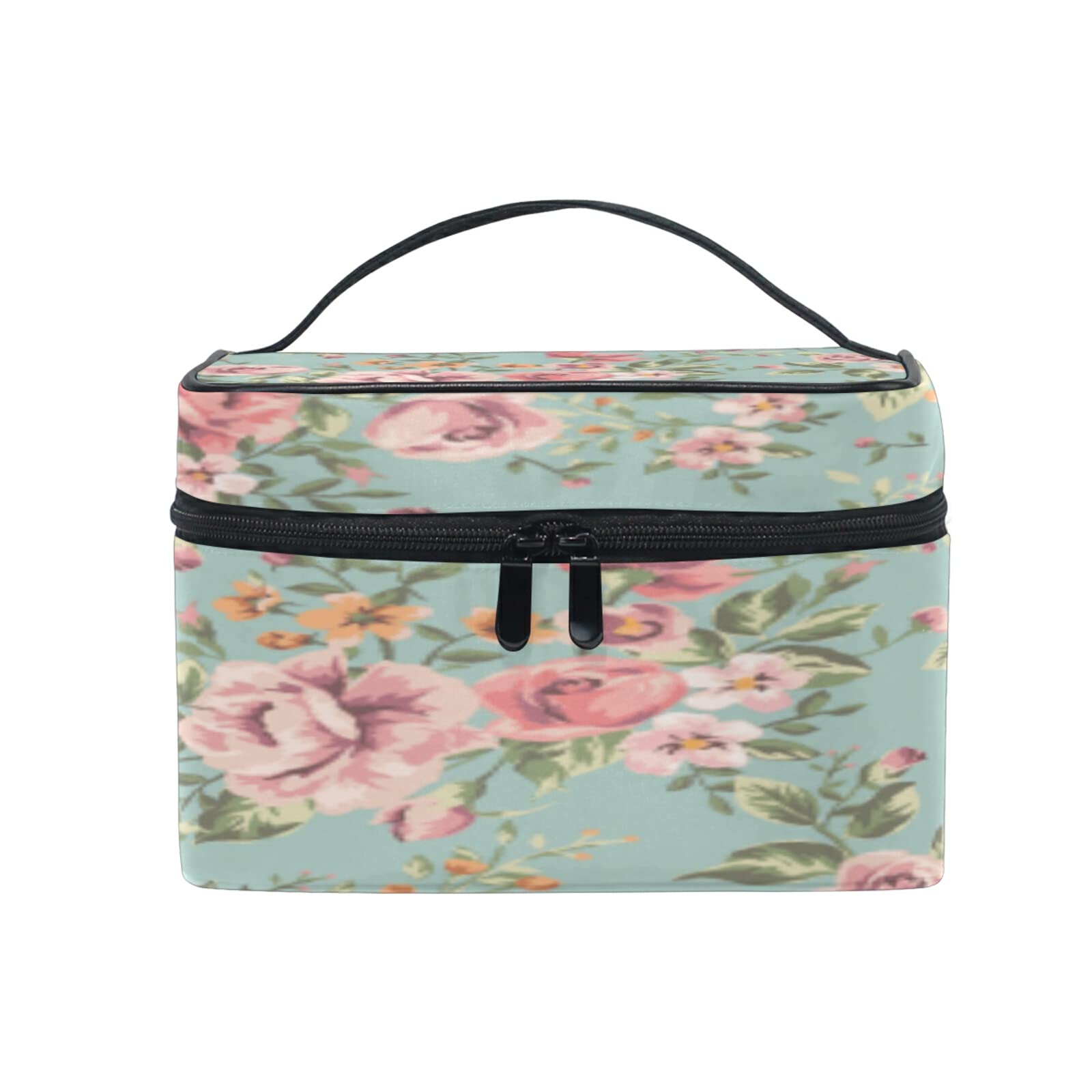 Vintage Rose Floral Cosmetic Bag with Handle - Waterproof Makeup Organizer for Travel, Girls & Women | Perfect for Gym, School, and Daily Essentials Storage
