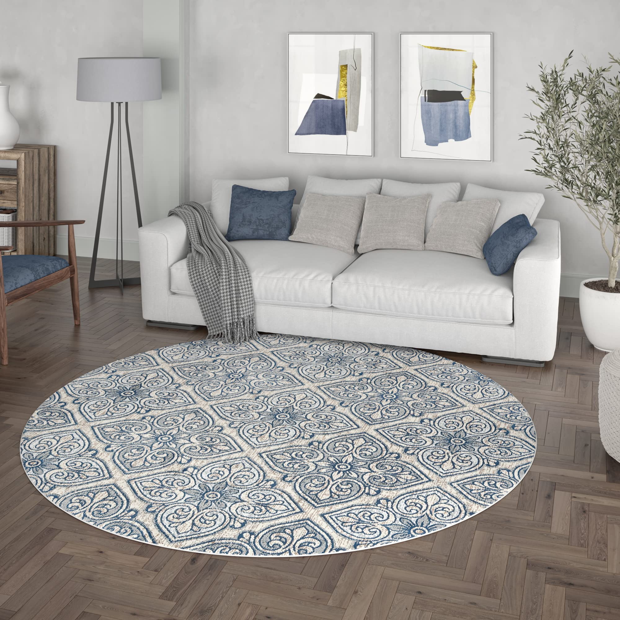 Modern Large 8ft Round Area Rug - Soft Contemporary Carpet for Living Room, Bedroom, Dining Room & Entryway - Non-Slip Kitchen Floor Mat - Perfect for Home Decor & Cozy Spaces
