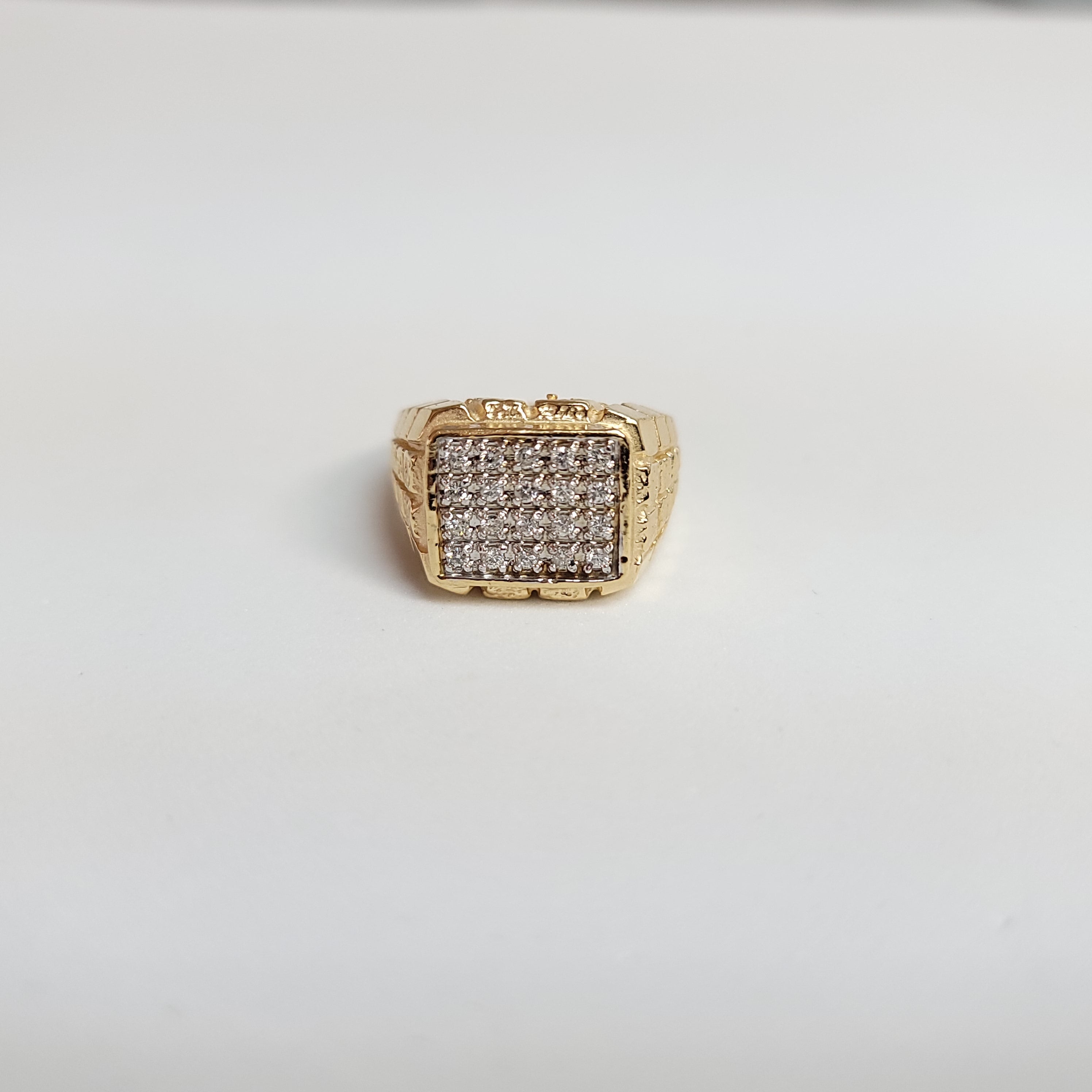 1.00cttw Diamond Cluster Ring with Brick Patterned Band in 14k Yellow Gold | Elegant Wedding, Engagement & Anniversary Jewelry Gift for Women