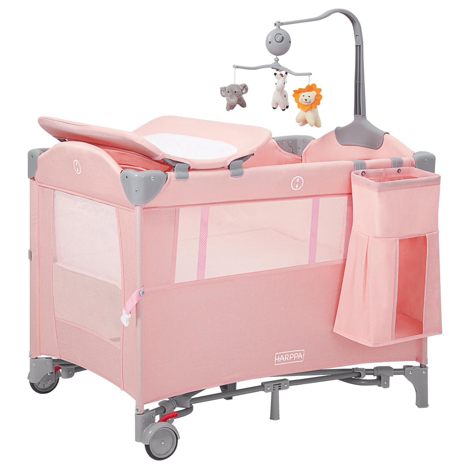 5-in-1 Portable Baby Playard with Bassinet, Bedside Sleeper, Diaper Changer & Music Box - Adjustable Height Crib for Newborn to Toddler (Pink) - Perfect for Nursery, Travel & Co-Sleeping