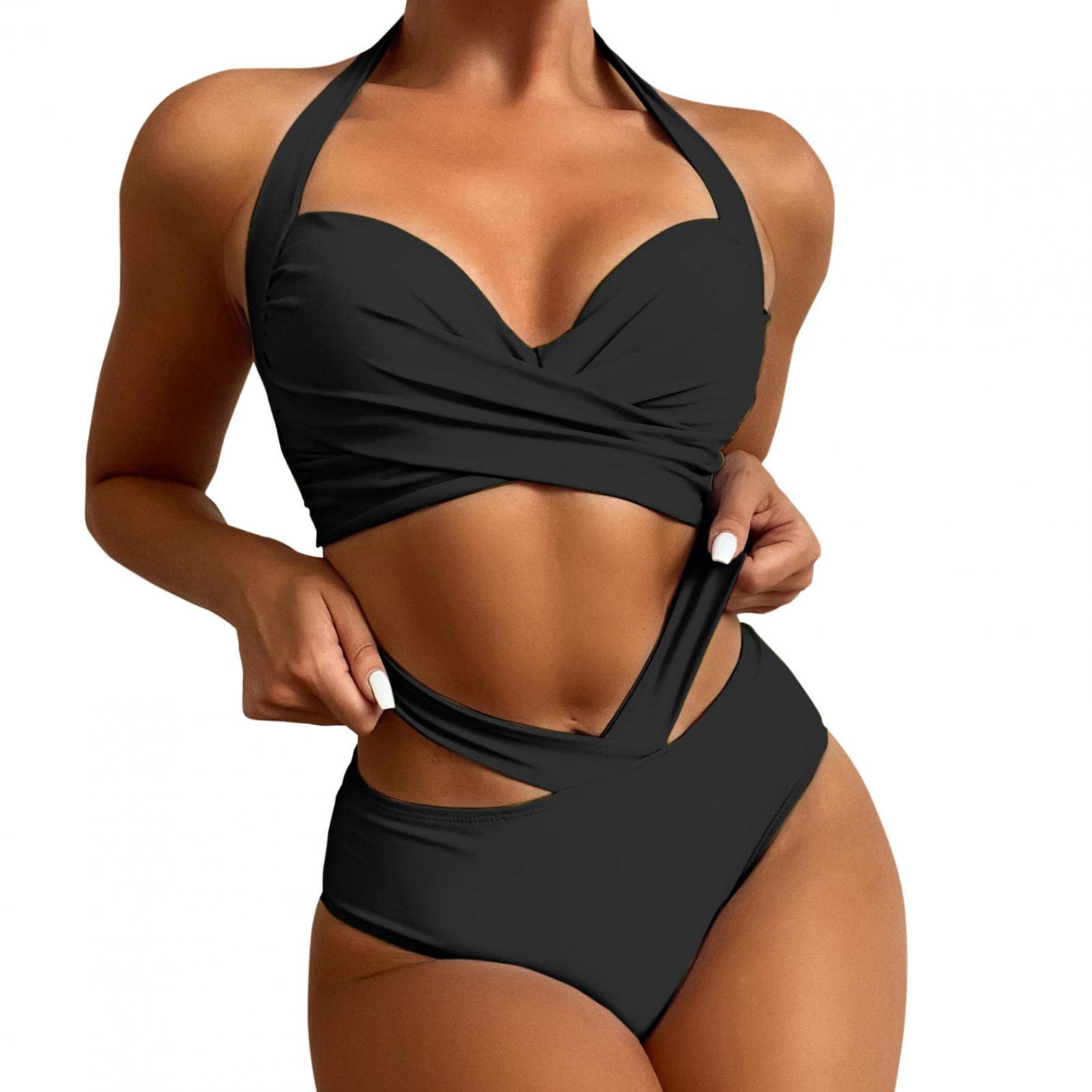 Women's High Waist 2 Piece Bikini Set - Halter Criss Cross Bathing Suit for Swimming, Beach Vacation & Summer Pool Party