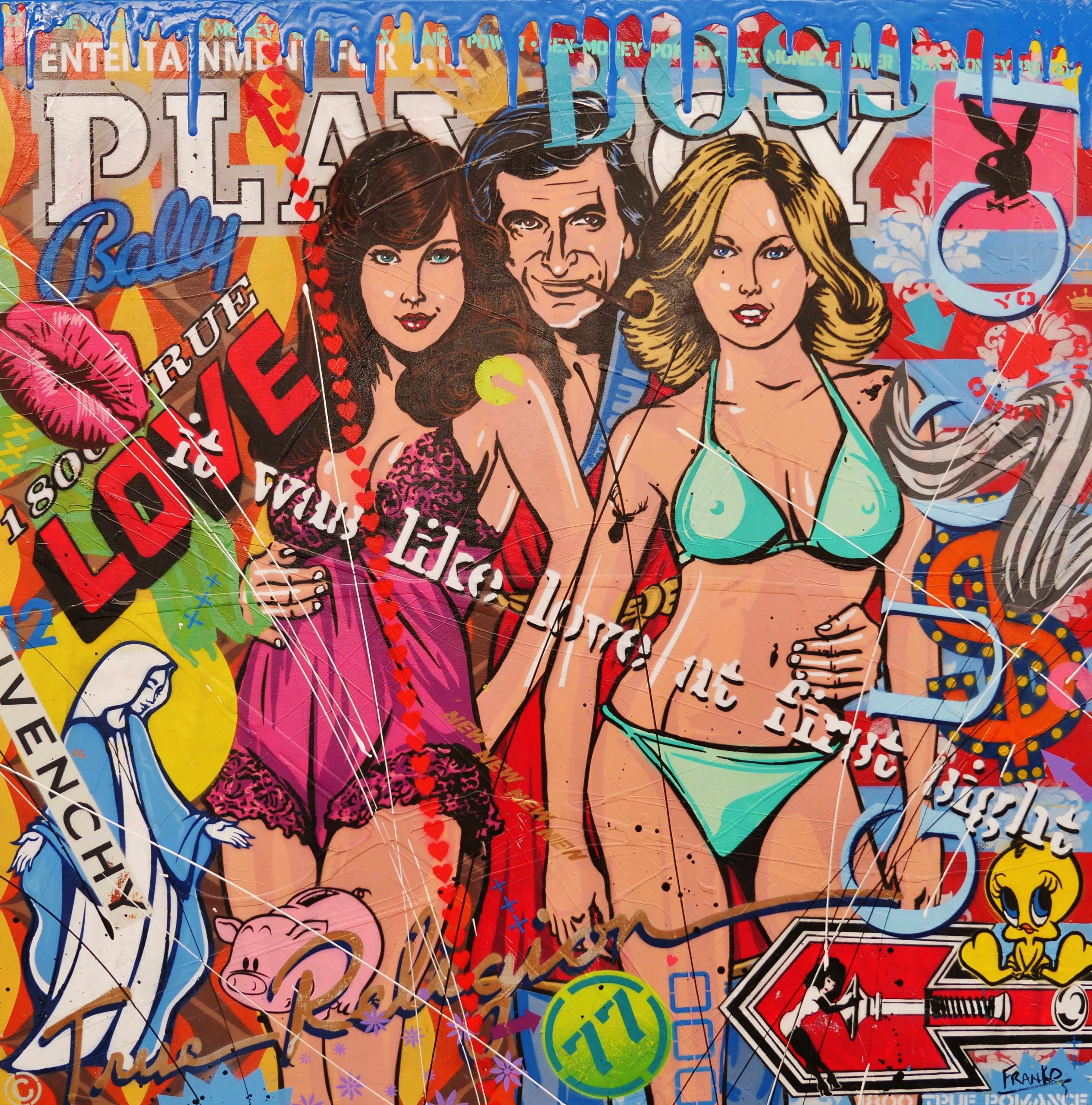 Playboy Hugh Hefner Inspired 47x47 Inch Textured Urban Pop Art Canvas Painting - Modern Wall Decor for Living Room, Bedroom & Office