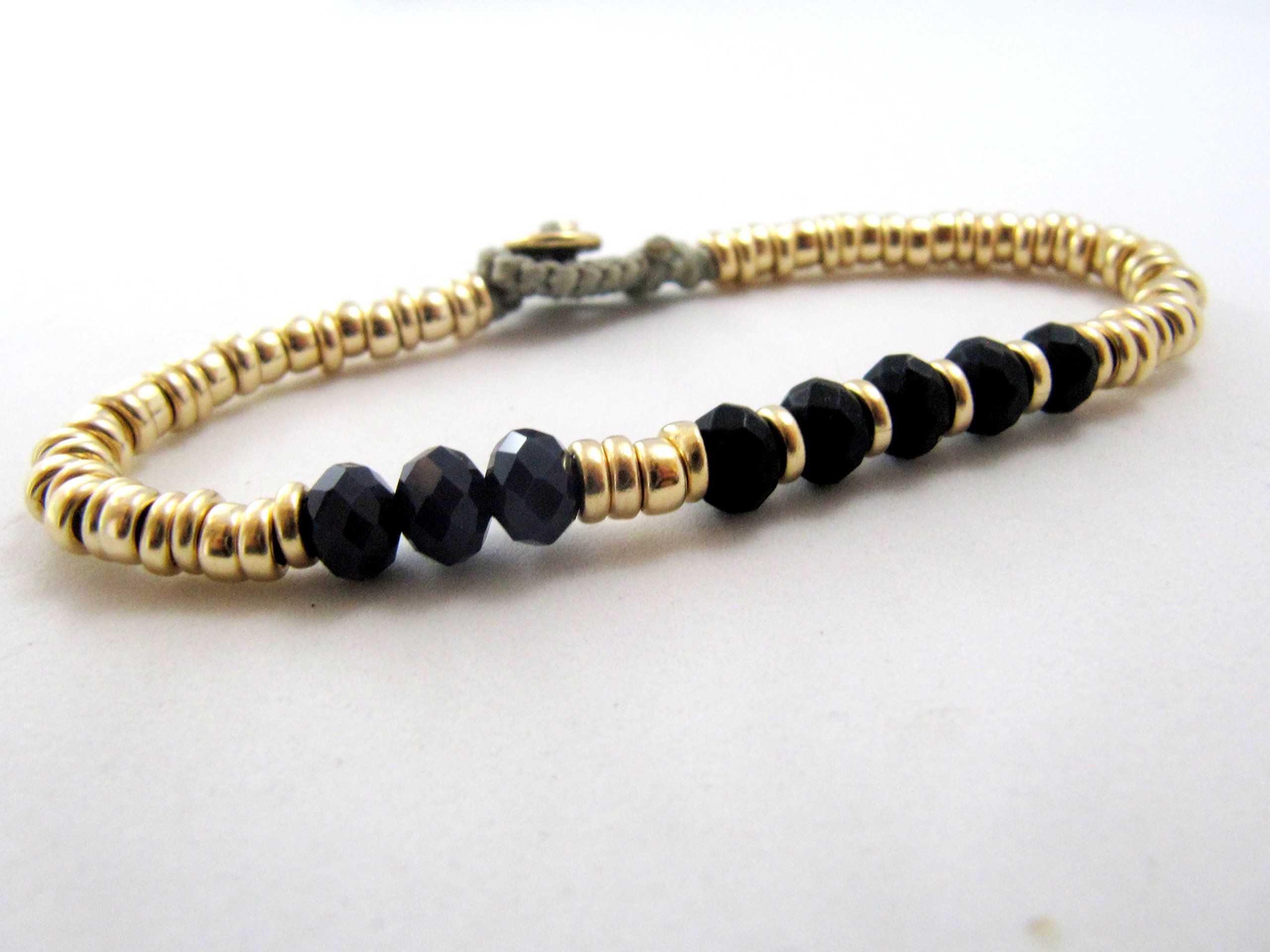 Boho Layered Bracelets Set - 2 Handmade Gold Filled Disc & Crystal Bead Bracelets with Black & Dark Purple Stones | Unique Artisan Jewelry for Women | Perfect for Festivals, Parties & Everyday Wear