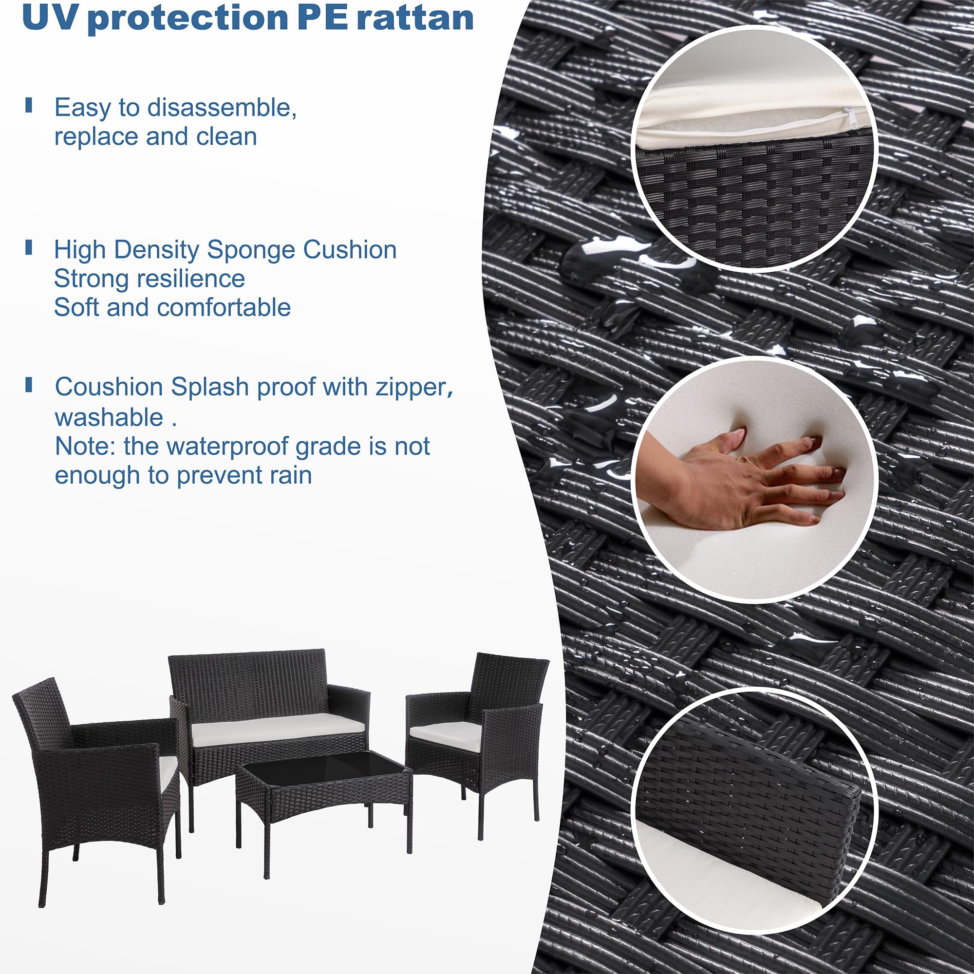 Shintenchi 4-Piece Outdoor Patio Furniture Set - Wicker Rattan Chairs with Tempered Glass Coffee Table - Perfect for Backyard, Porch, Garden, Poolside & Balcony Relaxation