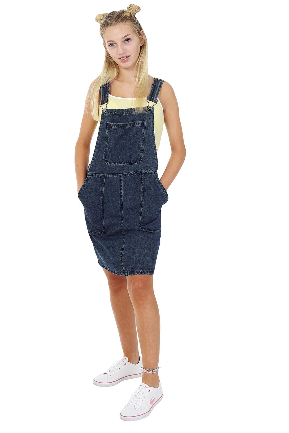Vintage Wash Denim Dungaree Dress - USKEES Short Bib Overall Pinafore Skirt for Women | Casual Outfit, Retro Style, Spring Summer Fashion