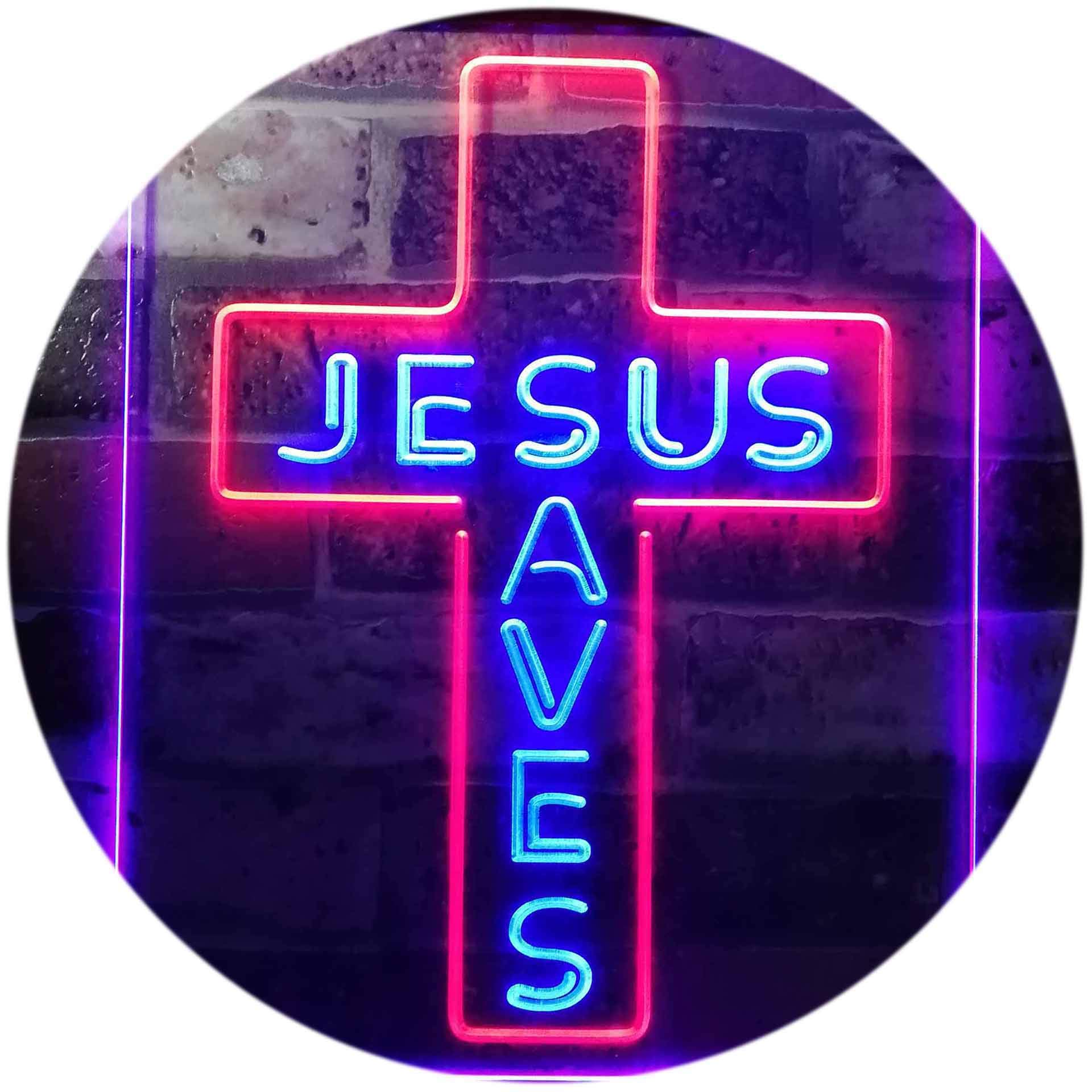 ADVPRO Jesus Saves Cross Wall Plaque - Dual Color LED Neon Sign (Blue & Red, 16