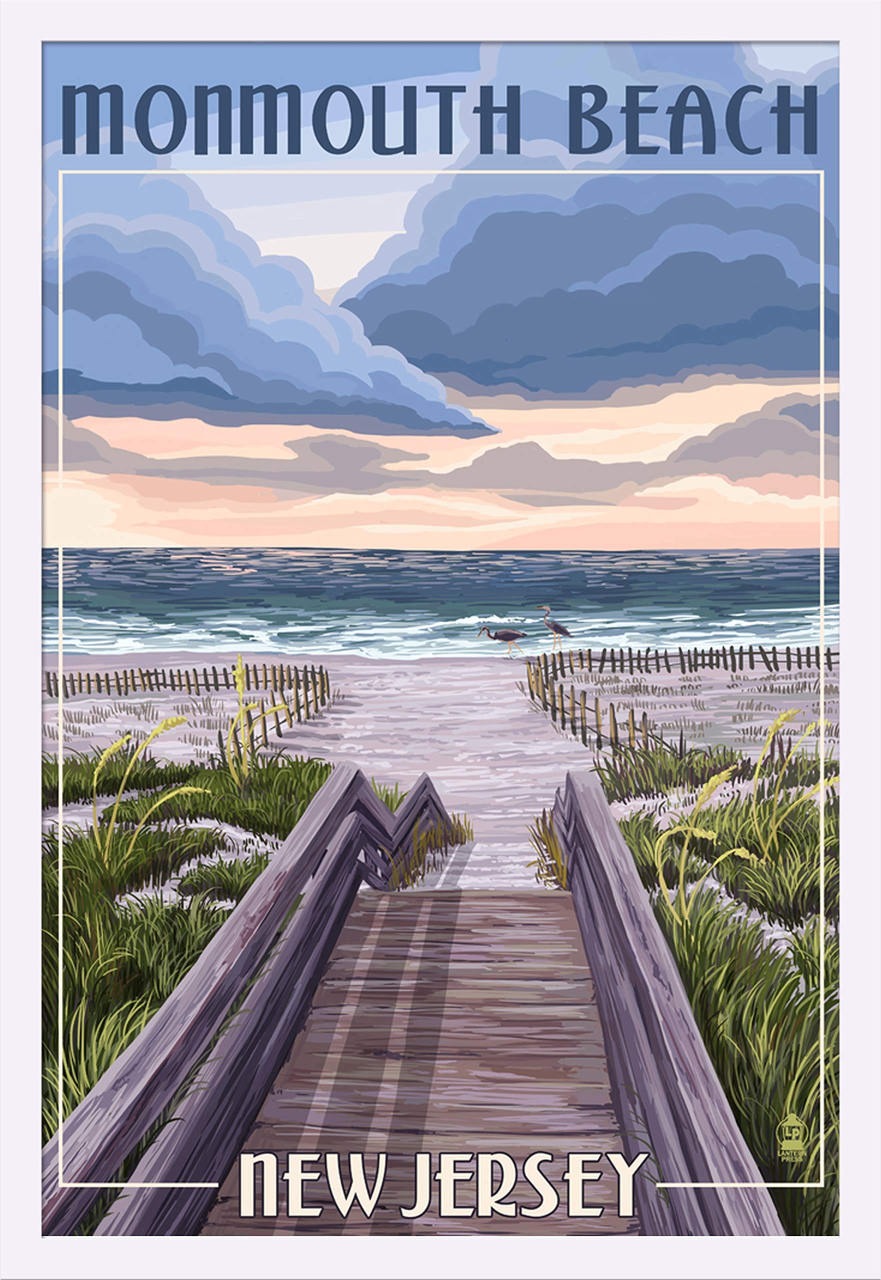 Monmouth Beach NJ Boardwalk Art Print - 24x36 Giclee Gallery Framed in White Wood - Coastal Wall Decor for Living Room, Bedroom & Office