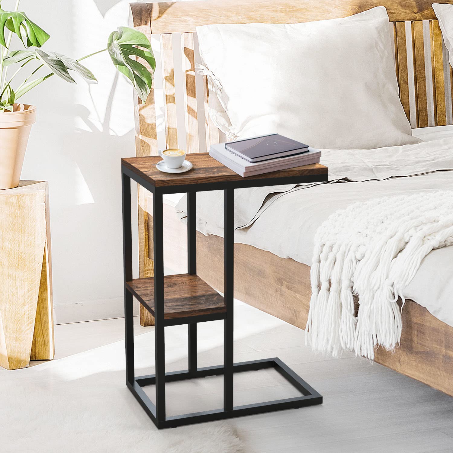 Rustic Industrial C-Shaped End Table with Shelf - Wooden Side Table for Couch, Bed & Small Spaces - Coffee Table with Storage Rack for Living Room, Snack Table - Perfect for Apartments, Dorms & Cozy Spaces by AGH Deco