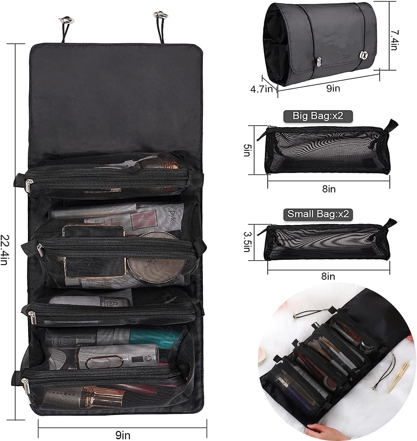 4-in-1 Large Capacity Cosmetic Mesh Bag & Toiletry Pouch for Men & Women - Waterproof Makeup Organizer & Travel Essentials Storage (Black) - Perfect for Travel, Gym, Camping & Daily Organization