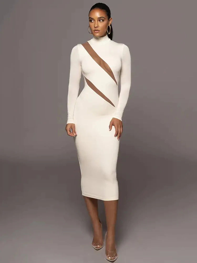 Women's Autumn Winter Long Sleeve Mesh Patchwork Bodycon Midi Dress - Elegant Party Evening Dress for Women | Perfect for Holiday Gatherings, Cocktail Parties & Date Nights