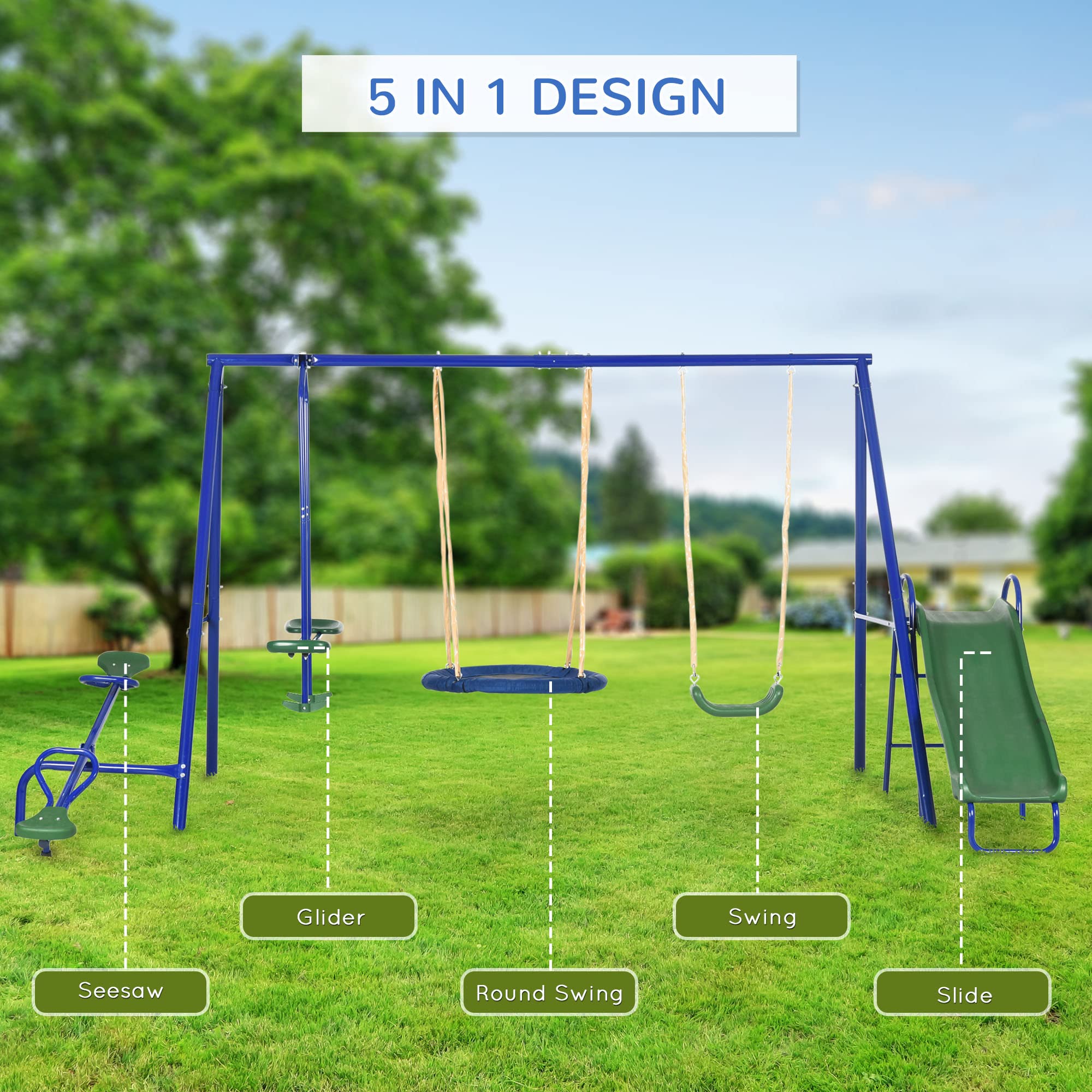 Outsunny 5-in-1 Heavy Duty A-Frame Swing Set for Kids - 29.5