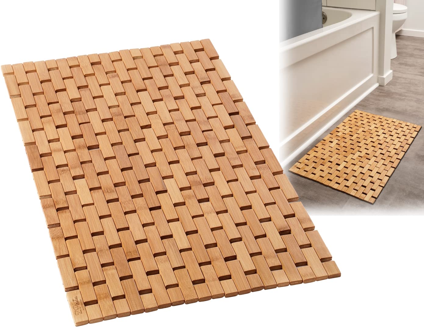 Eco-Friendly Natural Bamboo Wood Bath Mat - Non-Slip Bathroom, Sauna, Spa & Kitchen Rug - Boho Style Water Absorbent Bathmat (24