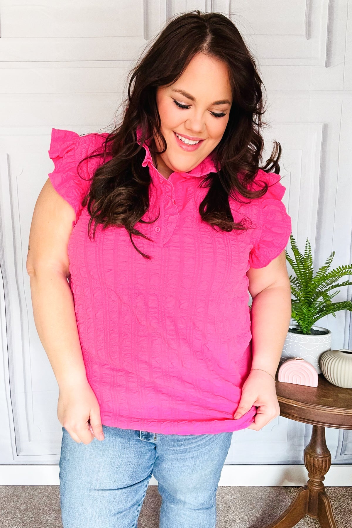 Stylish Haptics Hot Pink Textured Ruffle Mock Neck Button Down Blouse for Women | Trendy Office Wear & Casual Outfits