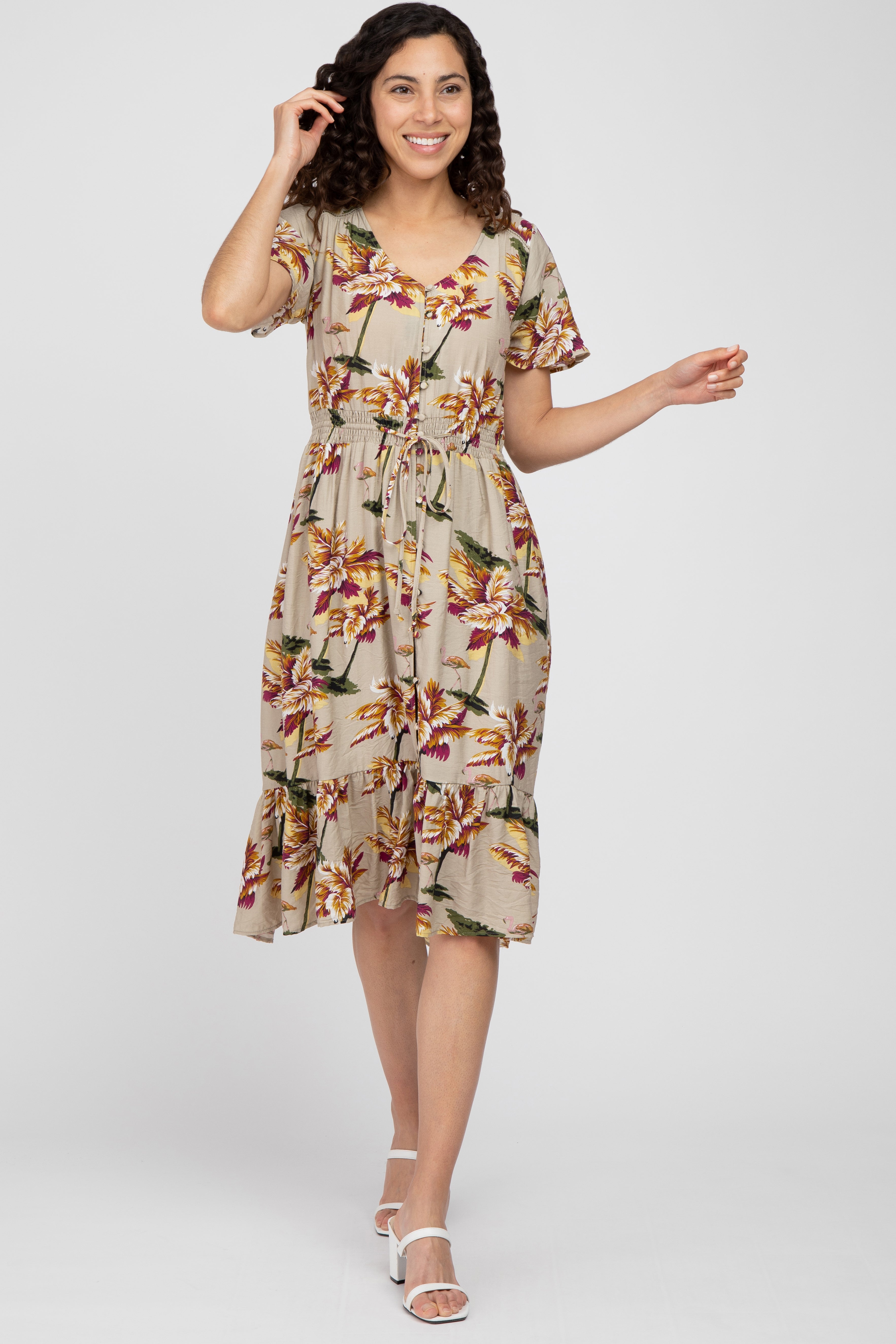 Beige Floral Button Maternity Midi Dress for Pregnancy - Comfortable Stretchy Nursing Dress for Women, Perfect for Baby Shower, Maternity Photo Shoot & Everyday Wear
