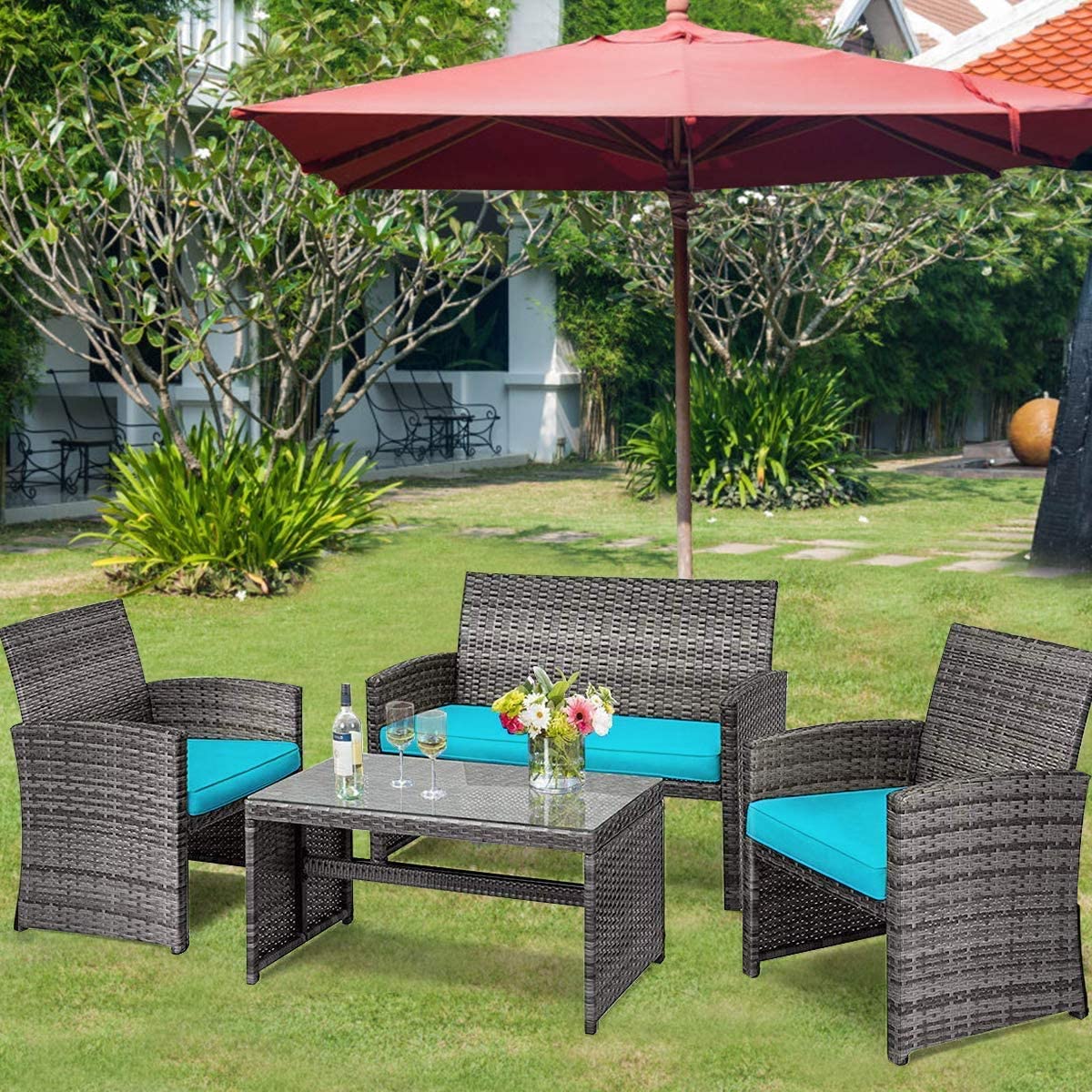 HAPPYGRILL 4-Piece Outdoor Patio Furniture Set with Soft Cushions - Rattan PE Wicker Sofa Chairs & Coffee Table for Garden, Poolside, Porch, Backyard - Perfect for Relaxing and Entertaining Guests