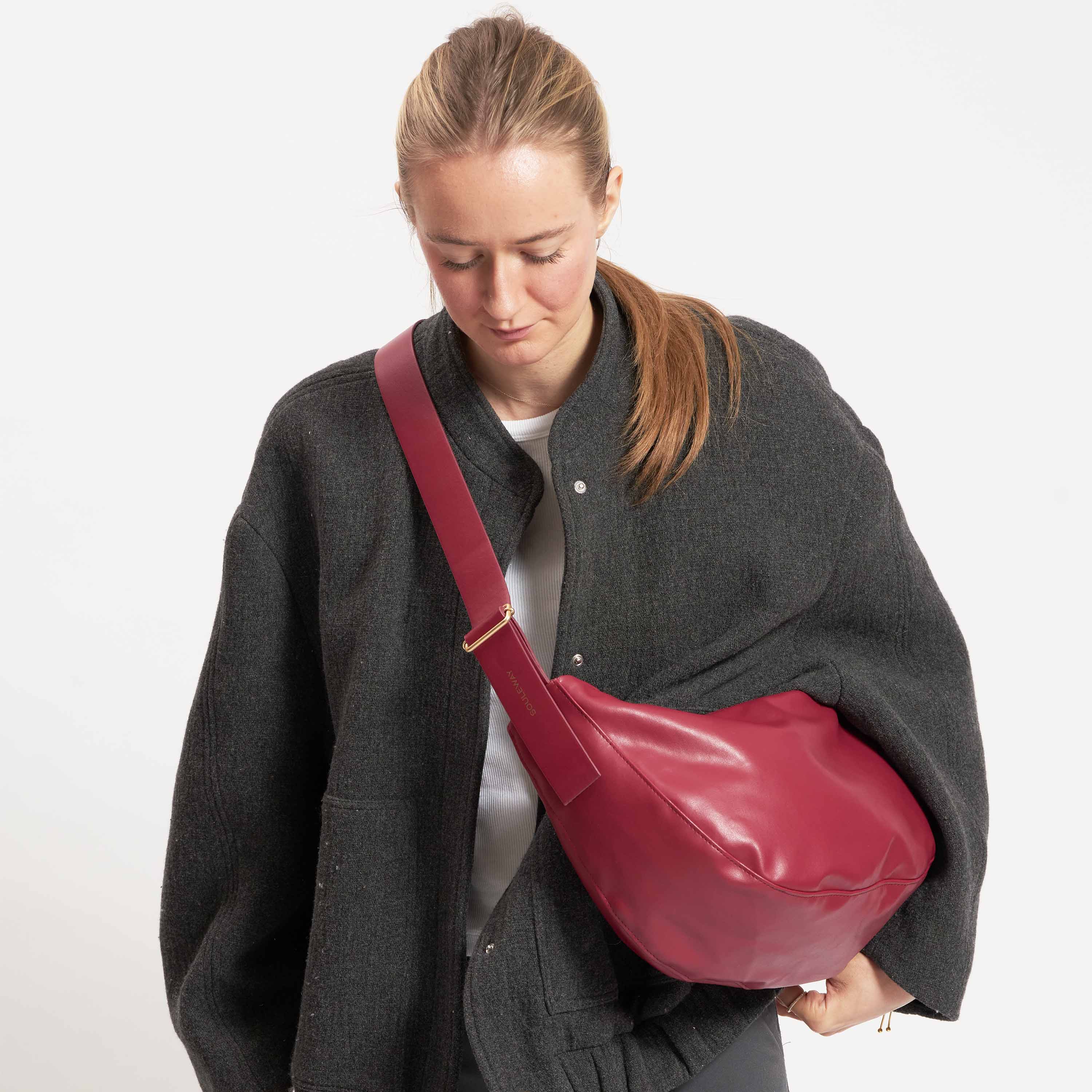 Vegan Olive Leather Half Moon Crossbody Bag | Cherry Red | Eco-Friendly & Cruelty-Free Handbag for Women | Perfect for Casual Outings & Evening Events
