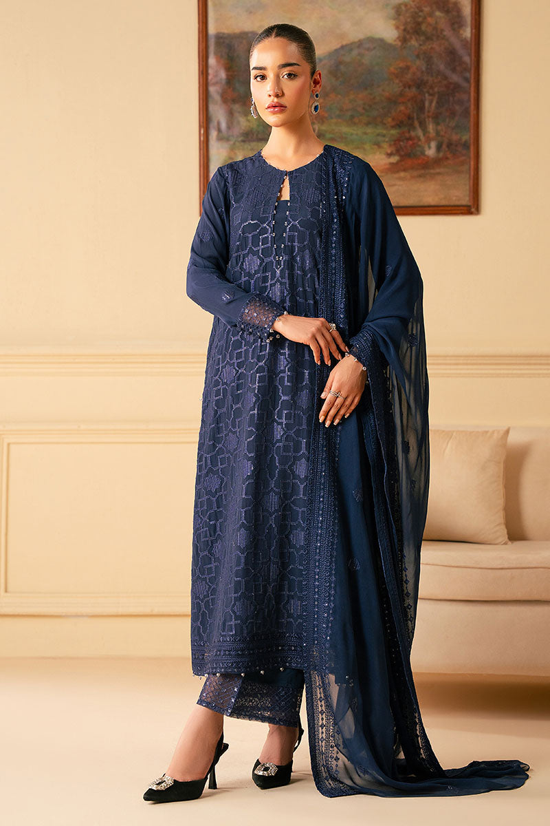Indigo Blue 4-Piece Embroidered Chiffon Suit Set for Women | Elegant Party & Wedding Outfit | Perfect for Special Occasions & Festive Events