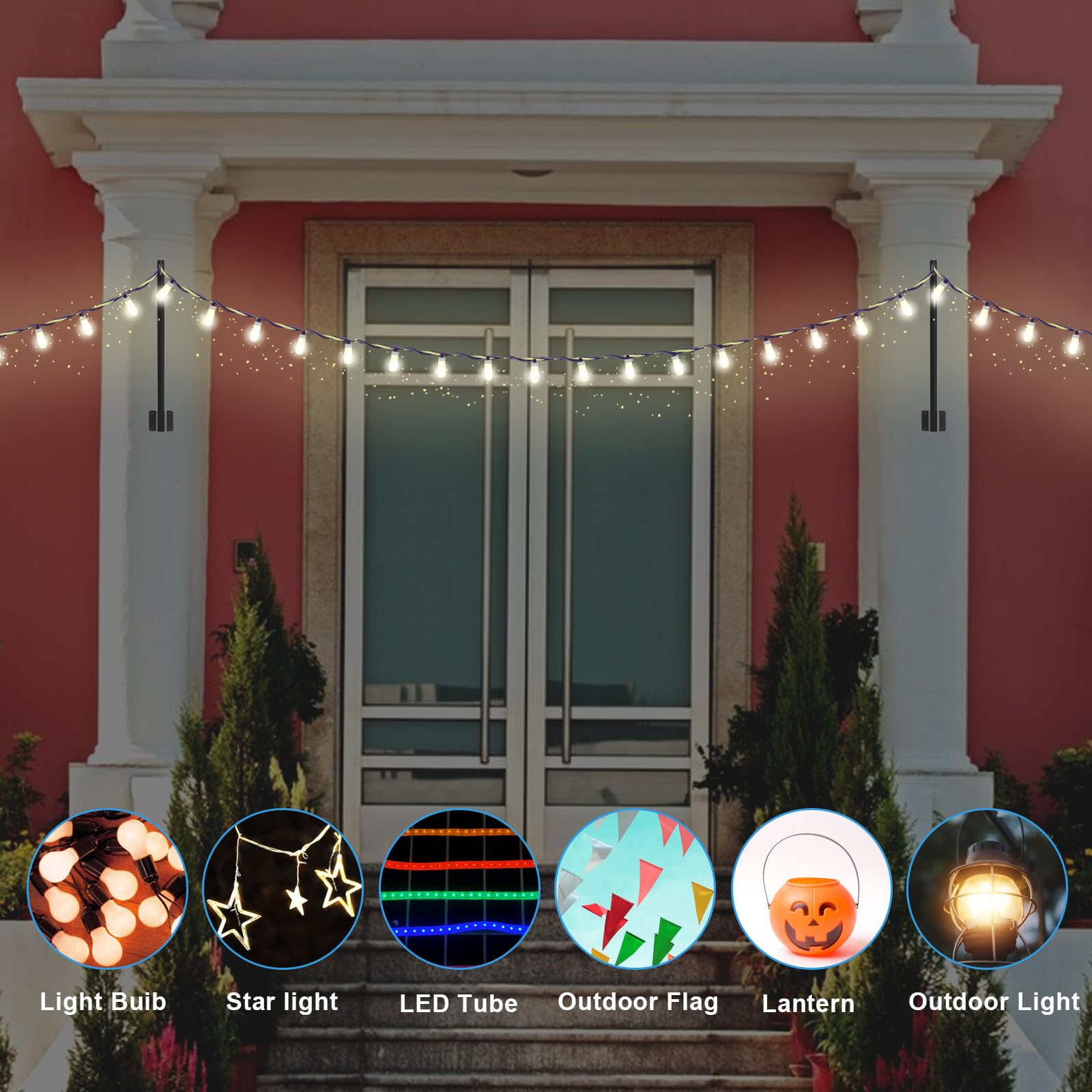 4 Pack 1.4 FT Outdoor String Light Poles - Black Metal Hanging Stand with Clip & Bracket for Patio, Garden, Backyard, Wedding & Party Decor | Weather-Resistant Fence Post Lights for Outdoor Ambiance & Nighttime Illumination