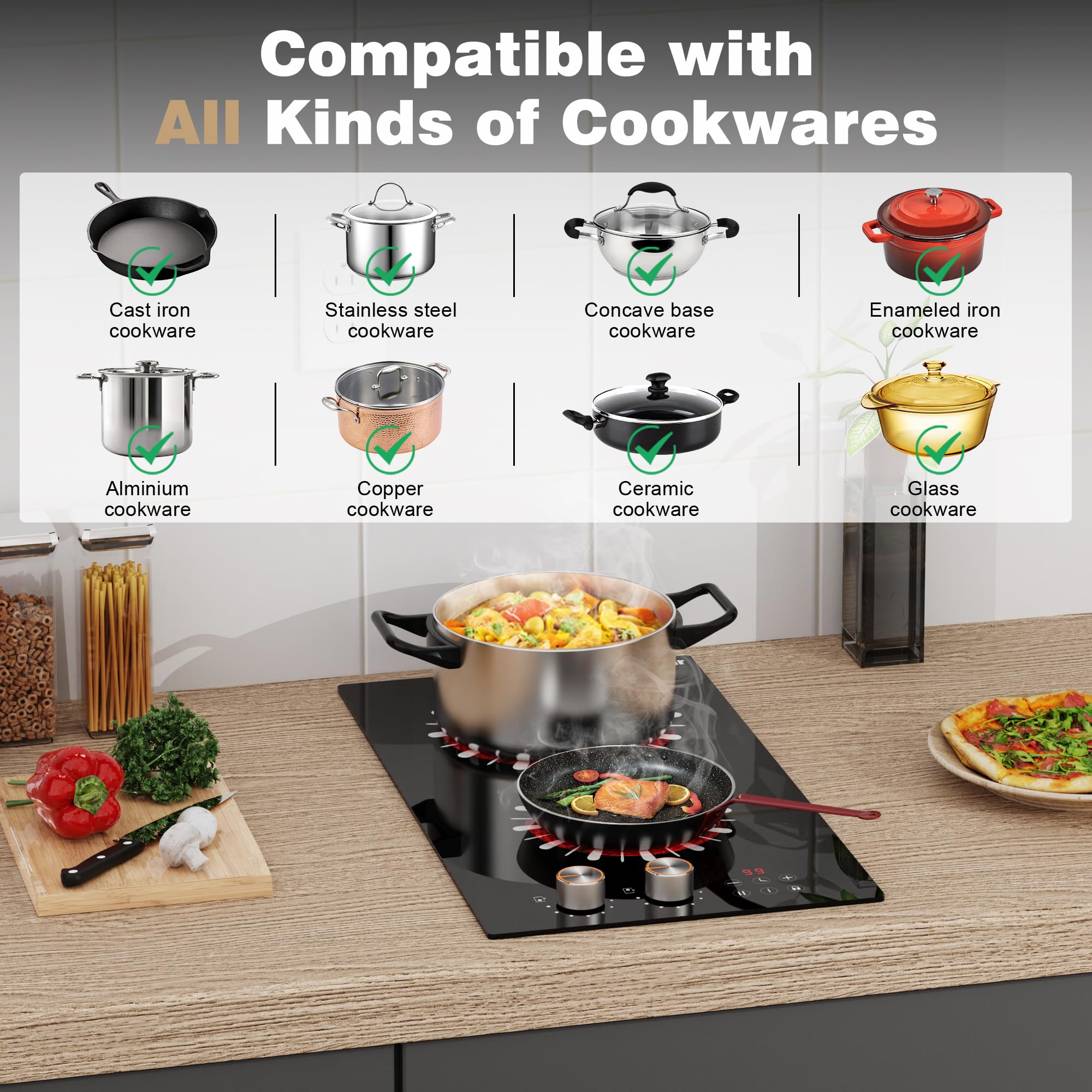 Karinear 12 Inch 110V Electric Cooktop with 2 Burners - Plug-in Countertop & Built-in Ceramic Stove Top, Knob & Touch Sensor Control, Multi-Functional Radiant Stove for Kitchen, RV, Dorm & Small Spaces