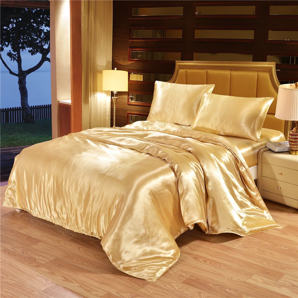 Ultra Soft Silky Satin Twin Duvet Cover Set - 3 Piece Yellow Bedding with Zipper Closure (68x90 inches) | Comforter Cover + 2 Pillow Shams | Perfect for Kids' Rooms, Guest Bedrooms & Cozy Sleep