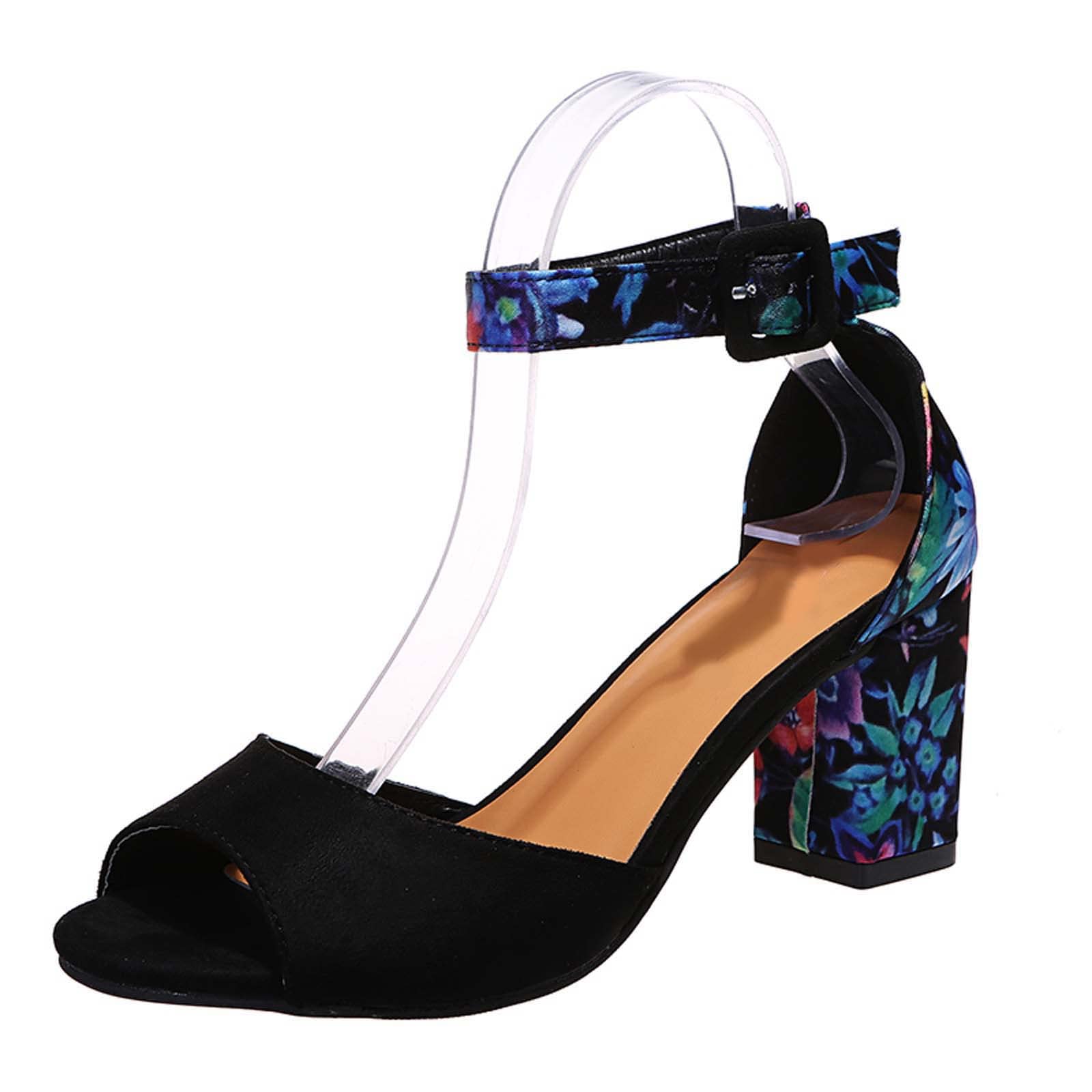 Women's Floral Chunky Heel Sandals with Ankle Strap & Buckle - Open Toe Fish Mouth Design Summer Casual Shoes for Women - Perfect with Jeans, Dresses & Summer Outfits