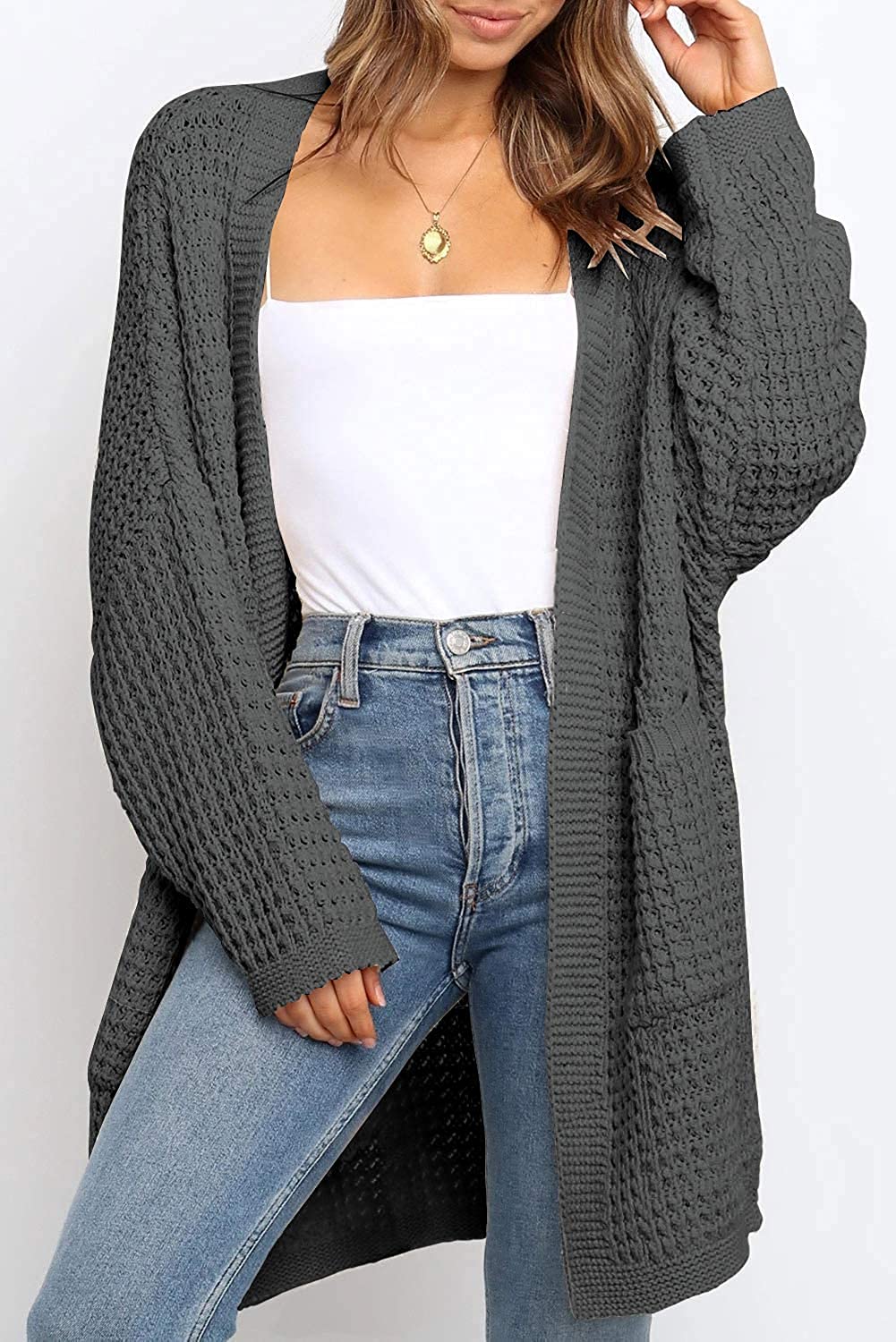 MEROKEETY Women's Oversized Long Batwing Sleeve Cardigan Waffle Knit Sweater Coat - Soft & Cozy Open Front Knitted Wrap for Fall Winter Fashion, Perfect for Office, Lounge & Casual Outfits
