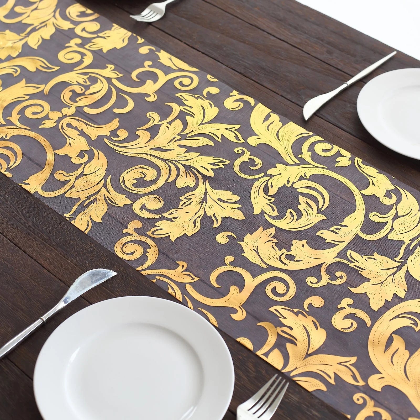 12-Pack 108-Inch Metallic Sheer Organza Table Runners with Elegant Swirl Floral Design - Perfect for Weddings, Parties, and Holiday Decorations