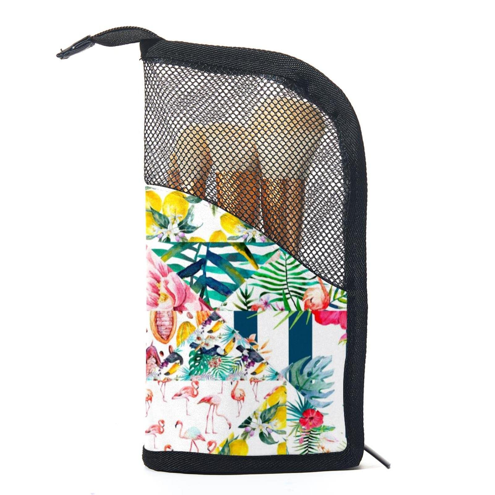 12-Piece Makeup Brush Organizer Bag with Colorful Tropical Flamingo Flower Design - Portable Waterproof Cosmetic Brush Holder Case for Travel, Home & Professional Makeup Artists