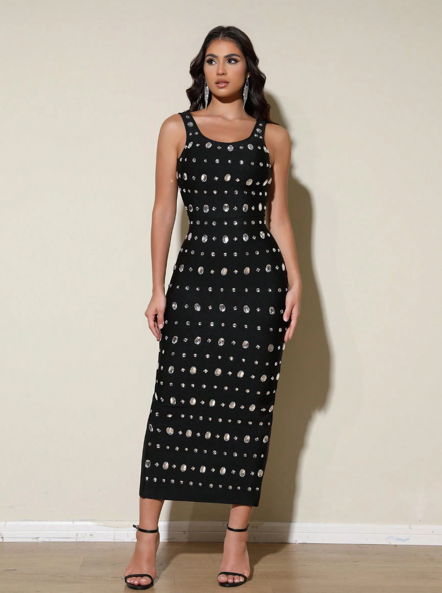 Elegant Black Rhinestone Bodycon Maxi Dress for Women - Sexy Long Evening Gown for Party, Birthday, Red Carpet & Special Occasions | Perfect for Prom, Cocktail Events & Celebrity-Inspired Looks