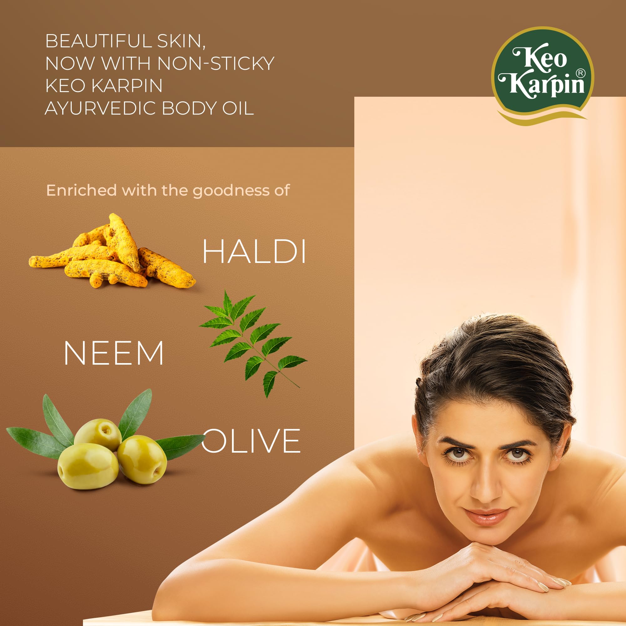 Keo Karpin Ayurvedic Body Oil - Non-Sticky Sandalwood Scented Herbal Massage Oil with Olive Oil, Neem & Turmeric | 500ml | Moisturizing & Relaxing for Dry Skin & Aromatherapy