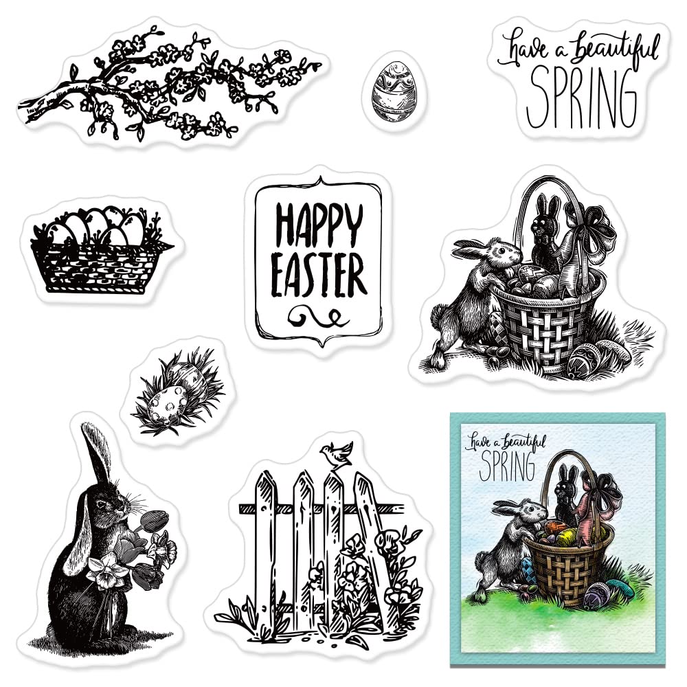 Easter Clear Stamps Set - Spring Bunny, Eggs & Flower Branch Rubber Stamps for DIY Card Making, Scrapbooking & Paper Crafts | Perfect for Holiday Greeting Cards, Album Decorations & Spring DIY Projects