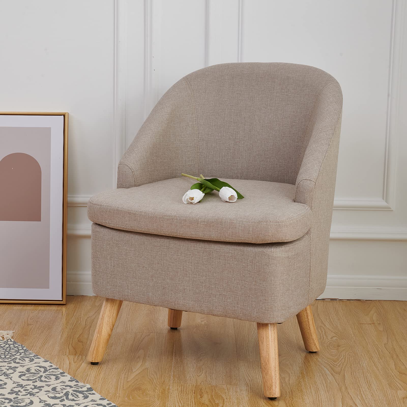 Stylish Beige Barrel Accent Chair with Upholstered Cotton Linen Fabric & Wooden Legs - Perfect Round Single Sofa for Living Room, Bedroom or Office Decor
